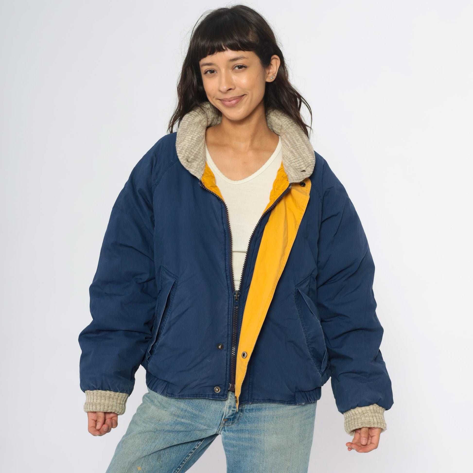 90s John Ashford Navy Bomber Jacket Down Fill Sherpa Collar Yellow Lining Large L