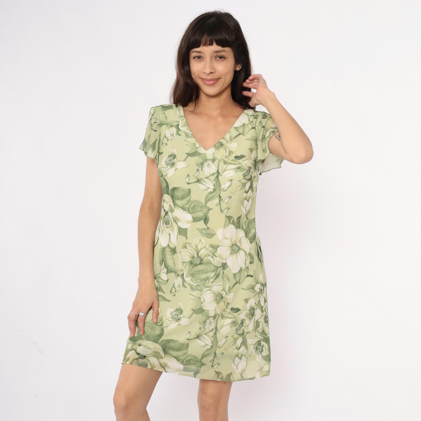 90s Green Magnolia Floral Dress V-Neck Flutter Sleeve A-Line Medium