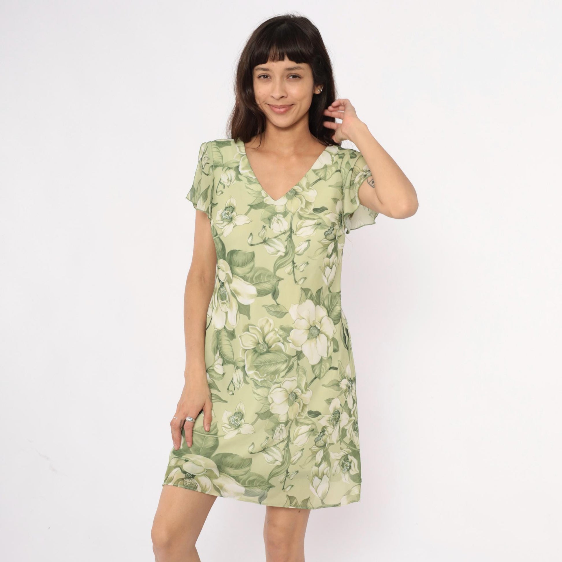 90s Green Magnolia Floral Dress V-Neck Flutter Sleeve A-Line Medium