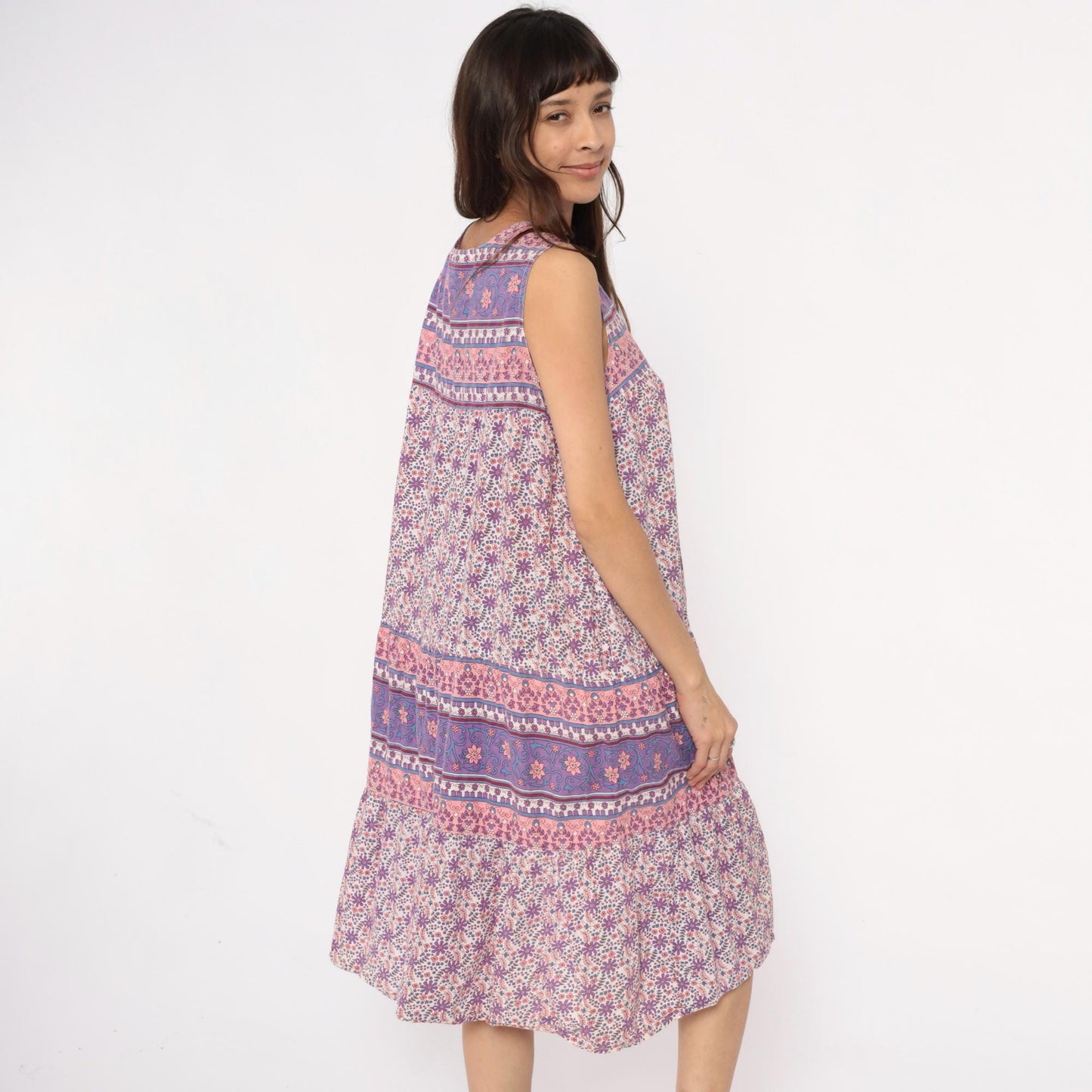 90s La Cera Floral Cotton Maxi Dress Purple Pink Scoop Neck Extra Large XXL