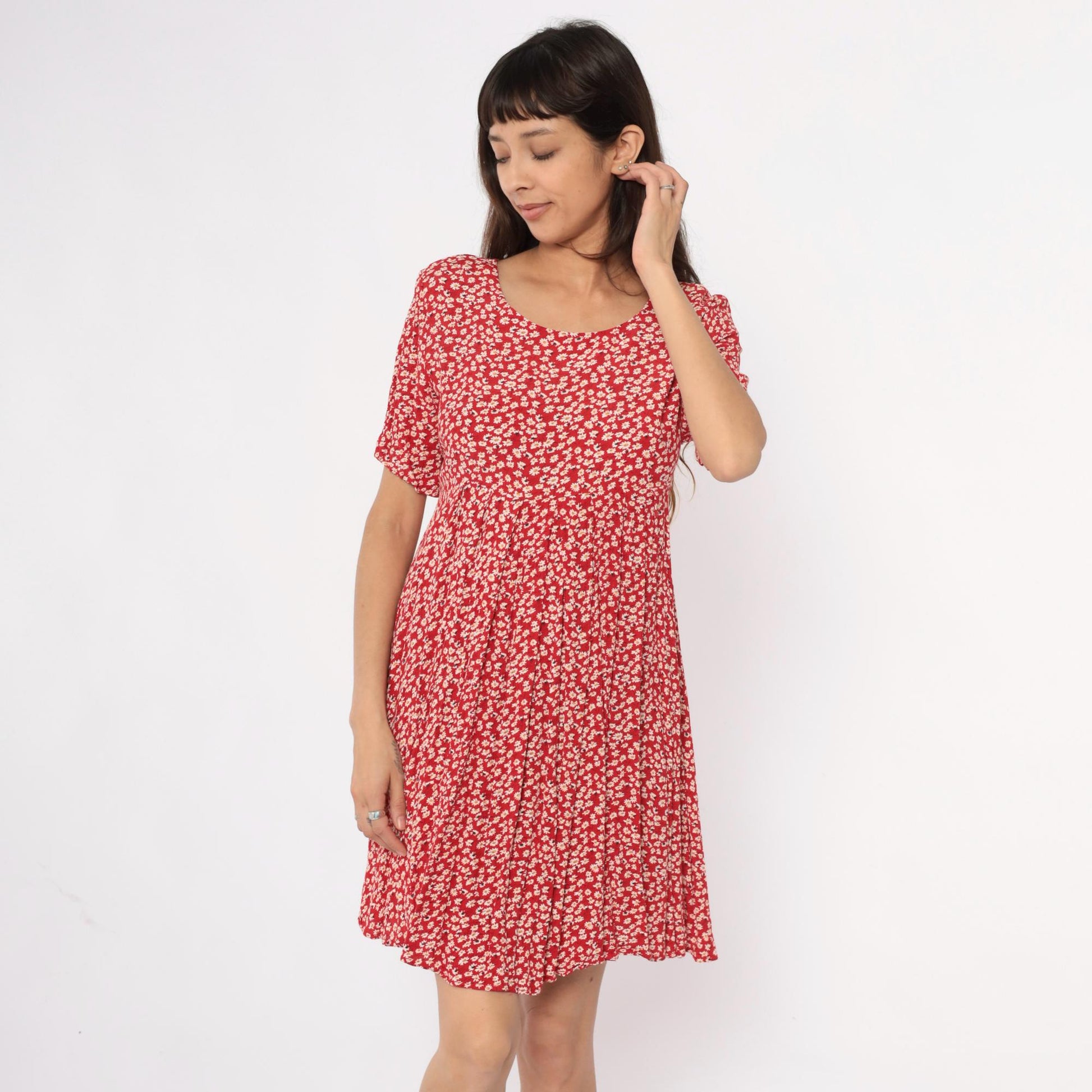 90s Red Daisy Mini Dress Rayon A-Line Scoop Neck Short Sleeve Medium M