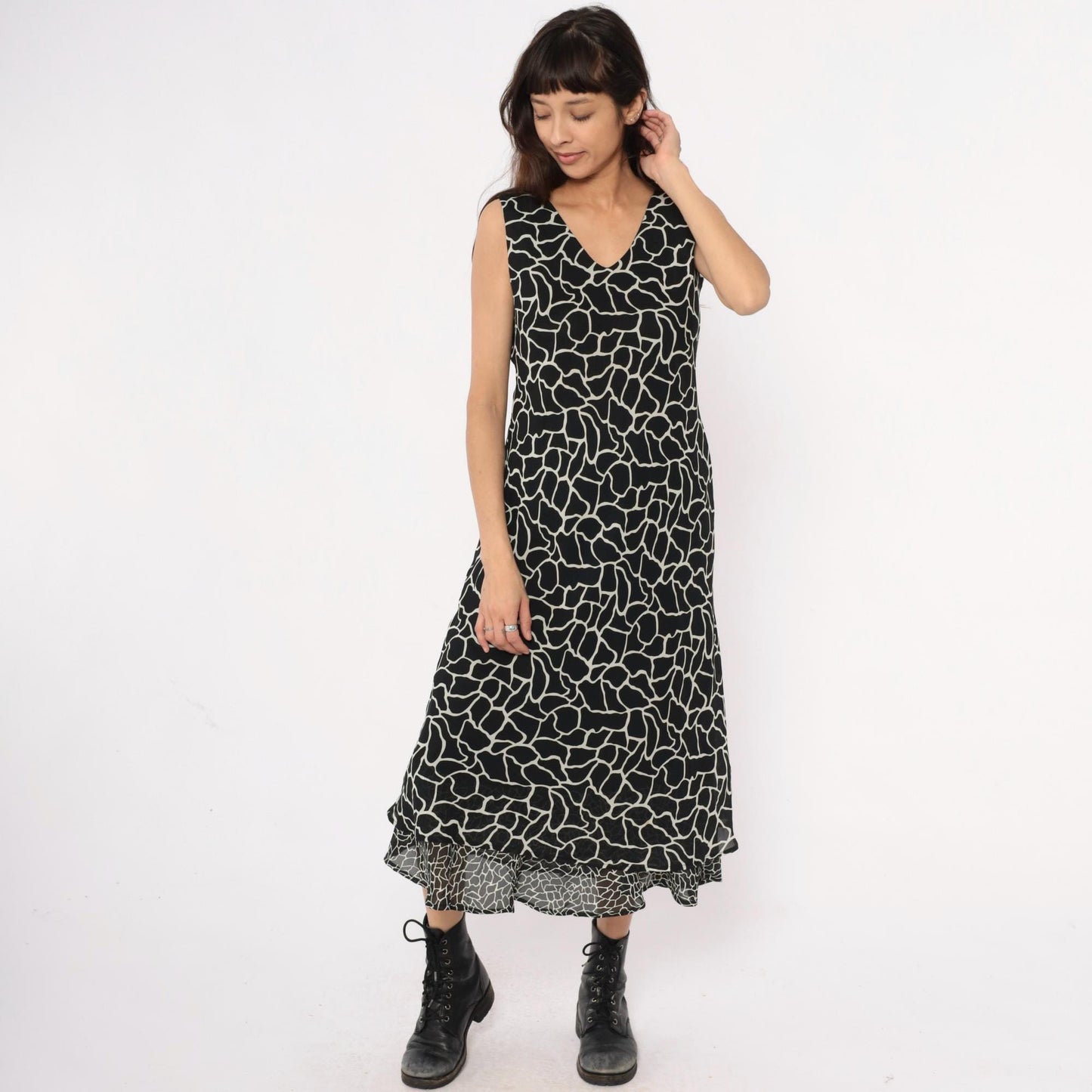 90s Jessica Howard Giraffe Print Maxi Dress Black White Sleeveless Medium