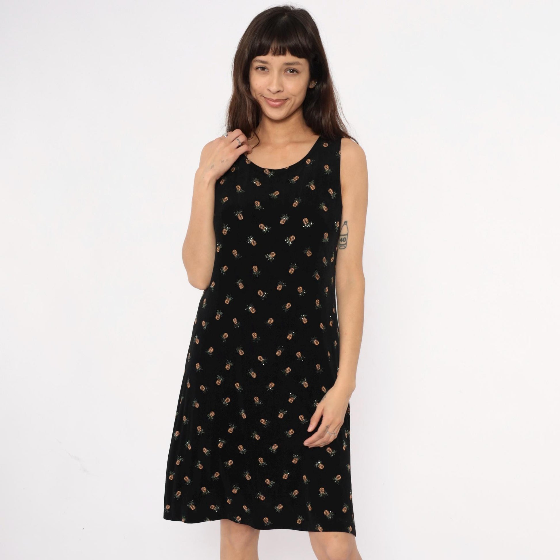 90s Ronni Nicole Pineapple Print Black Shift Dress Medium