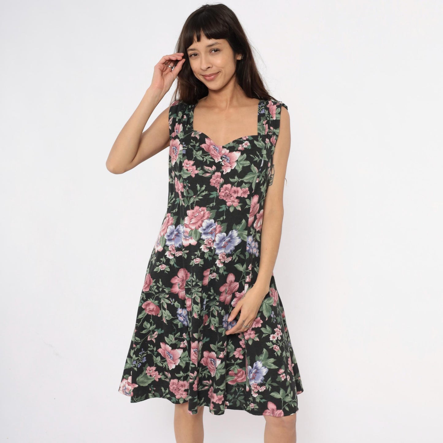 90s Floral Knee-Length Dress Black Pink Roses Blue Flowers Large L