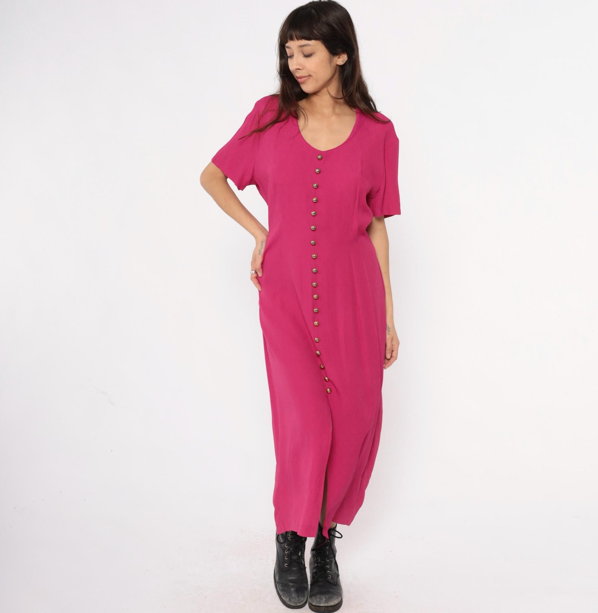 90s Nina Piccalino Hot Pink Maxi Dress V-Neck Button Front Large L