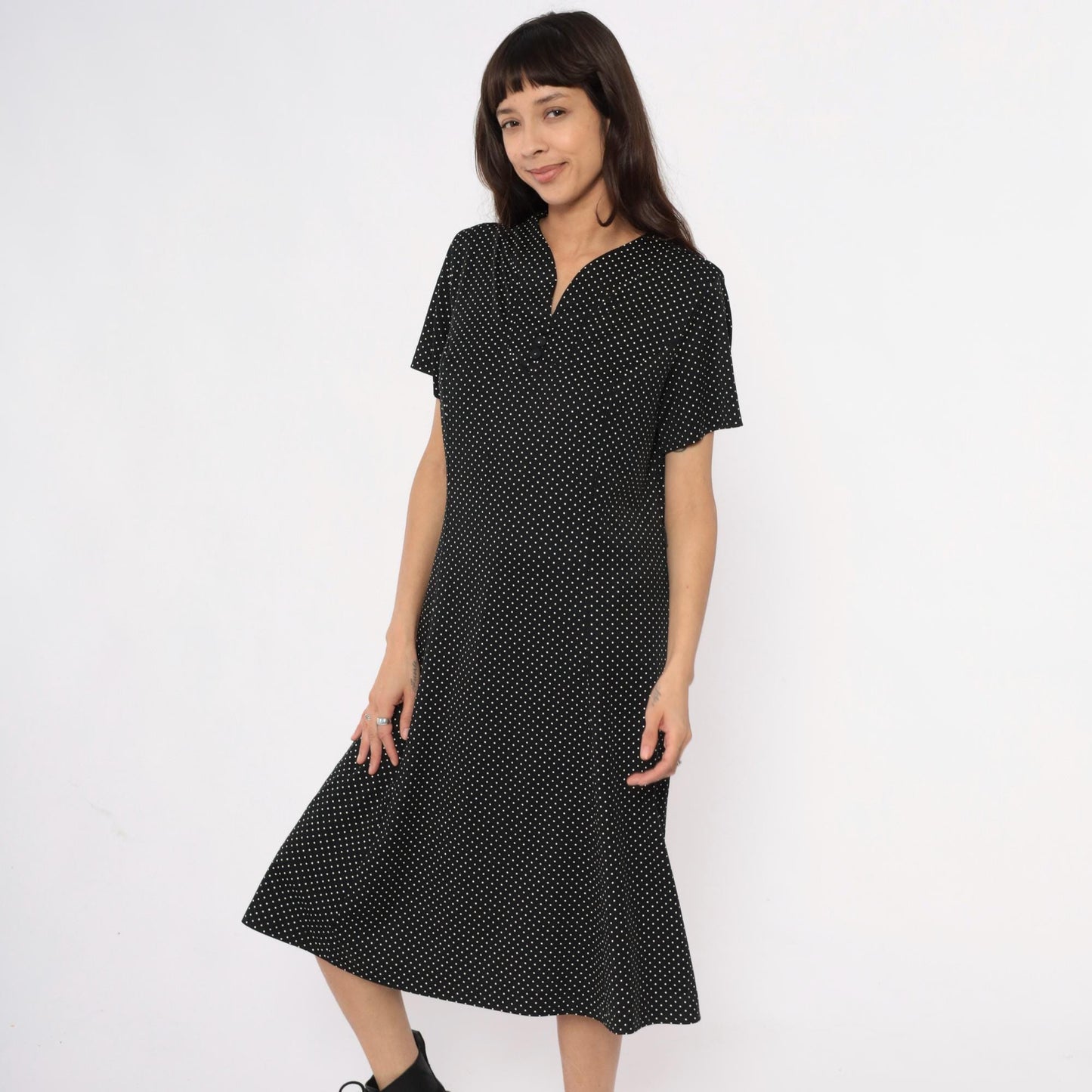 90s Black Polka Dot Midi Dress White V-Neck Short Sleeve Extra Large