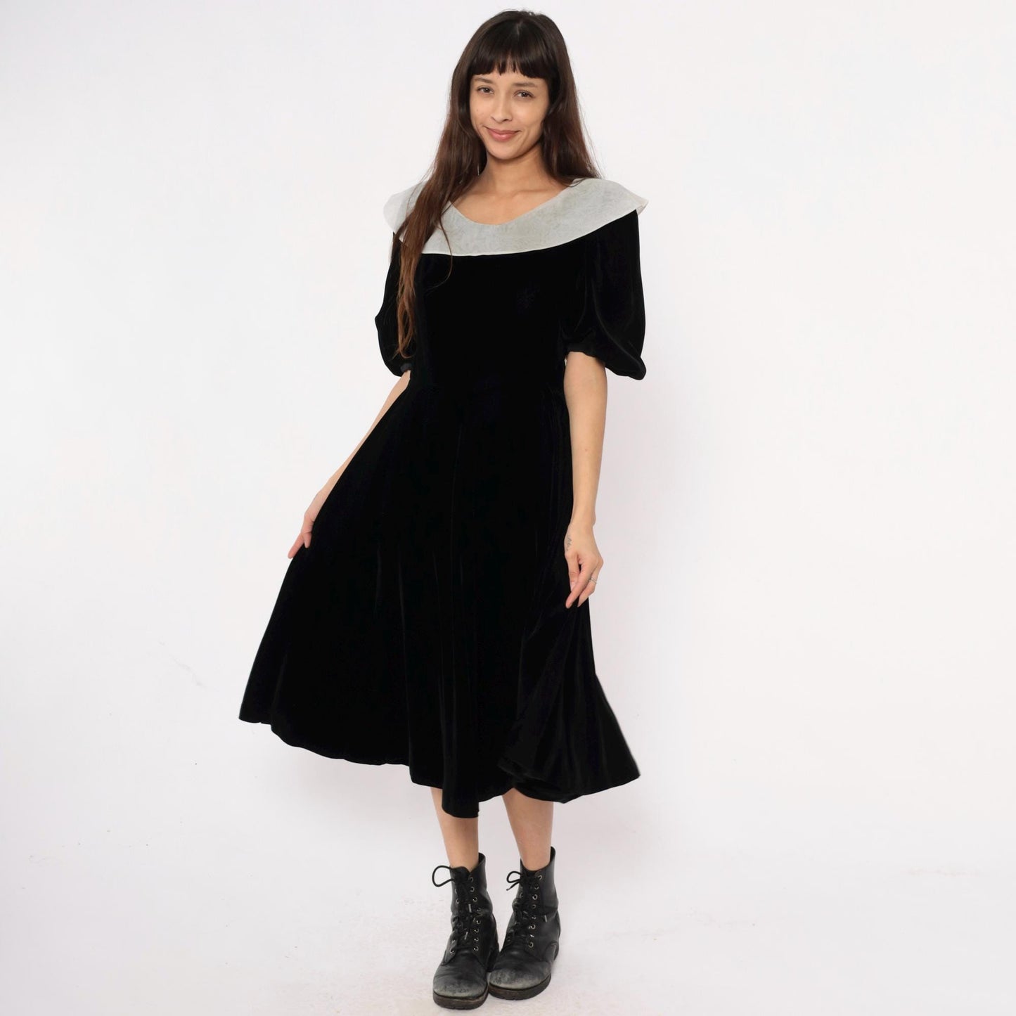 Y2K Yuki Torii Black Velvet Midi Dress White Peter Pan Collar Medium M