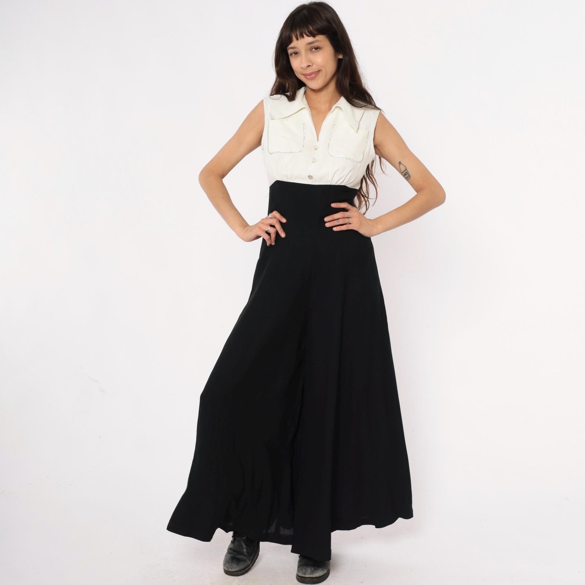 90s Black Cream Colorblock Sleeveless Jumpsuit Rhinestone High Waist Small