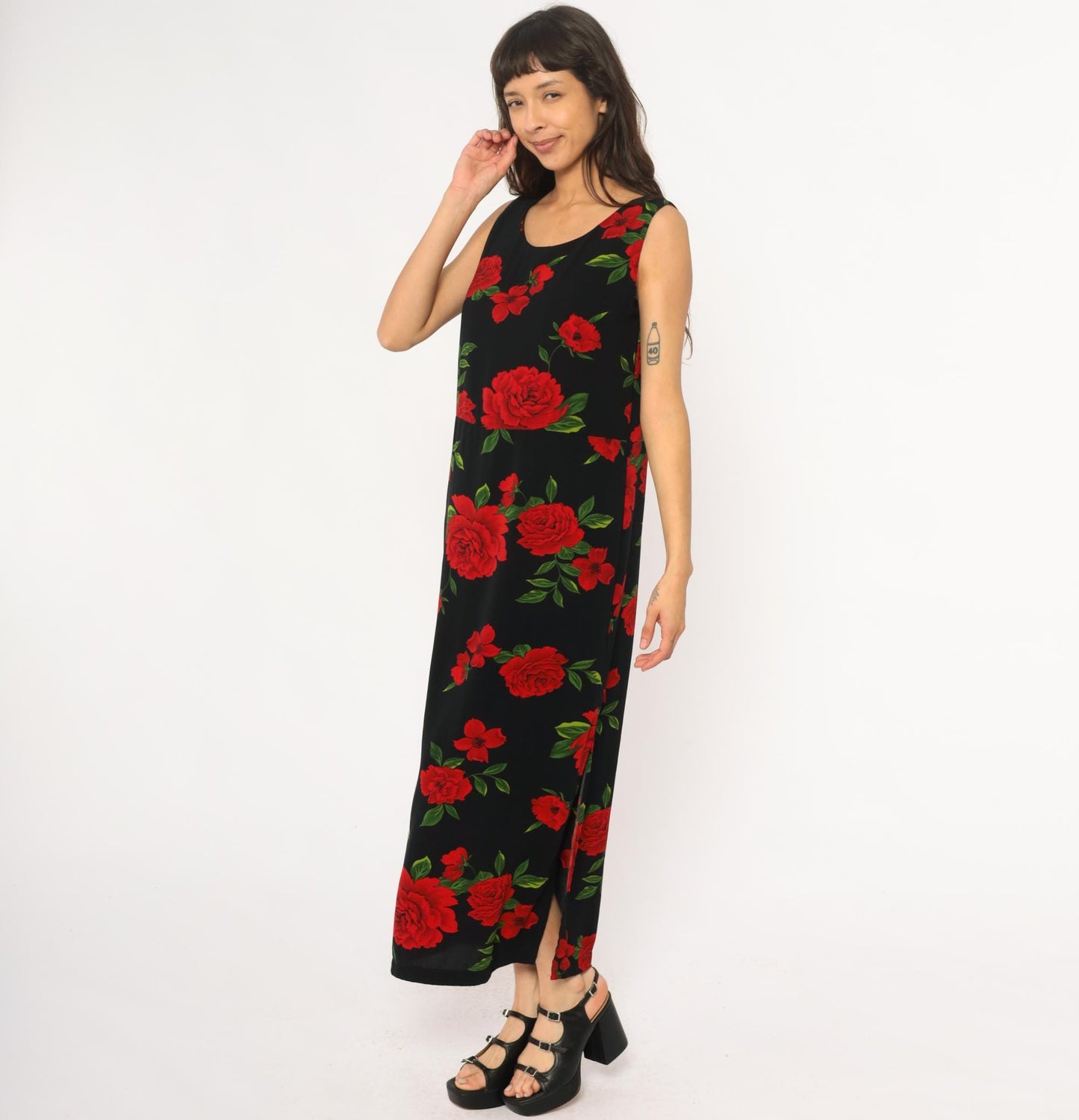 90s Black Maxi Dress Red Rose Floral Print Sleeveless Scoop Neck Medium