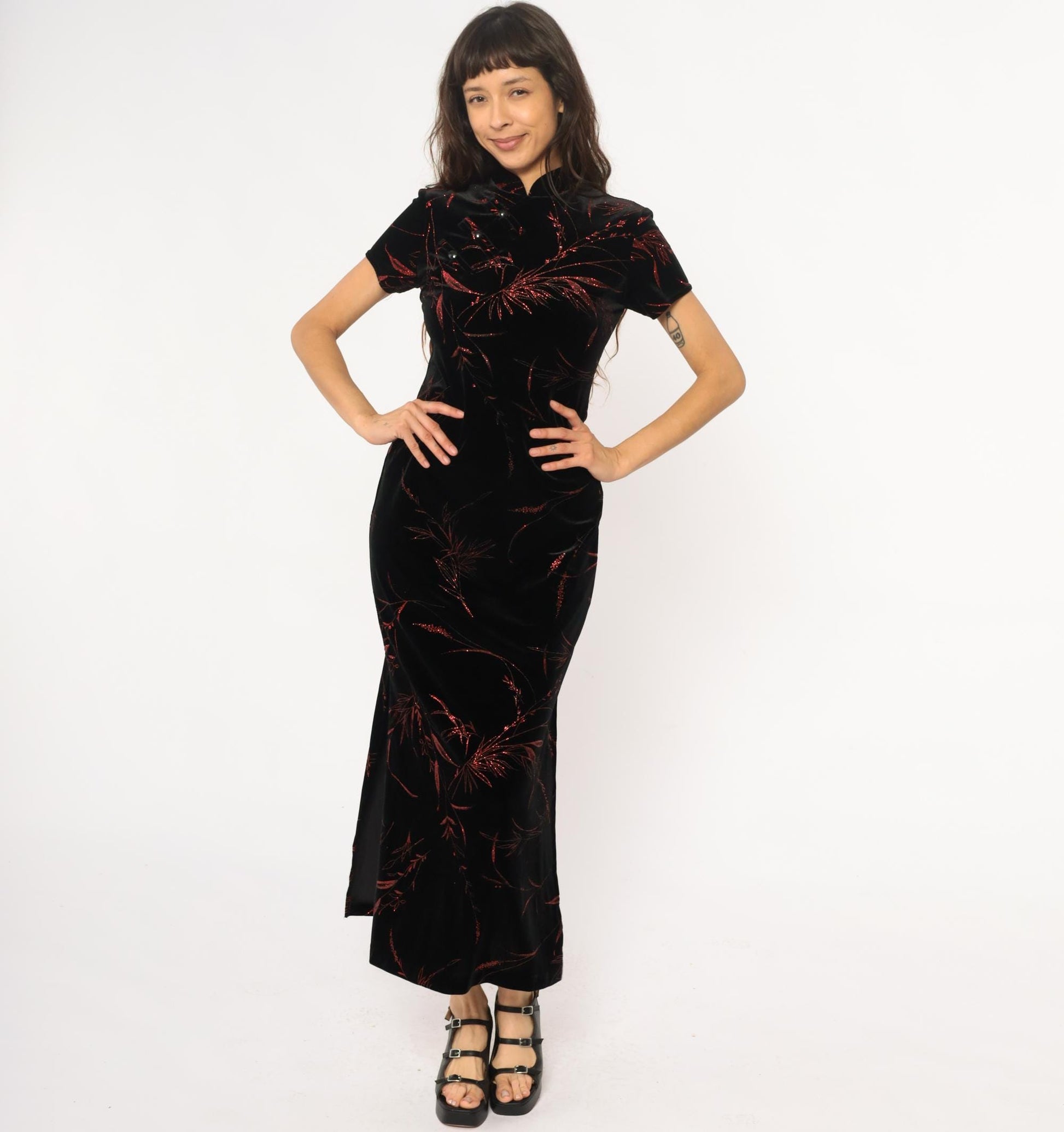 Y2K Black Velvet Maxi Dress Red Floral Cheongsam Mandarin Collar Small S