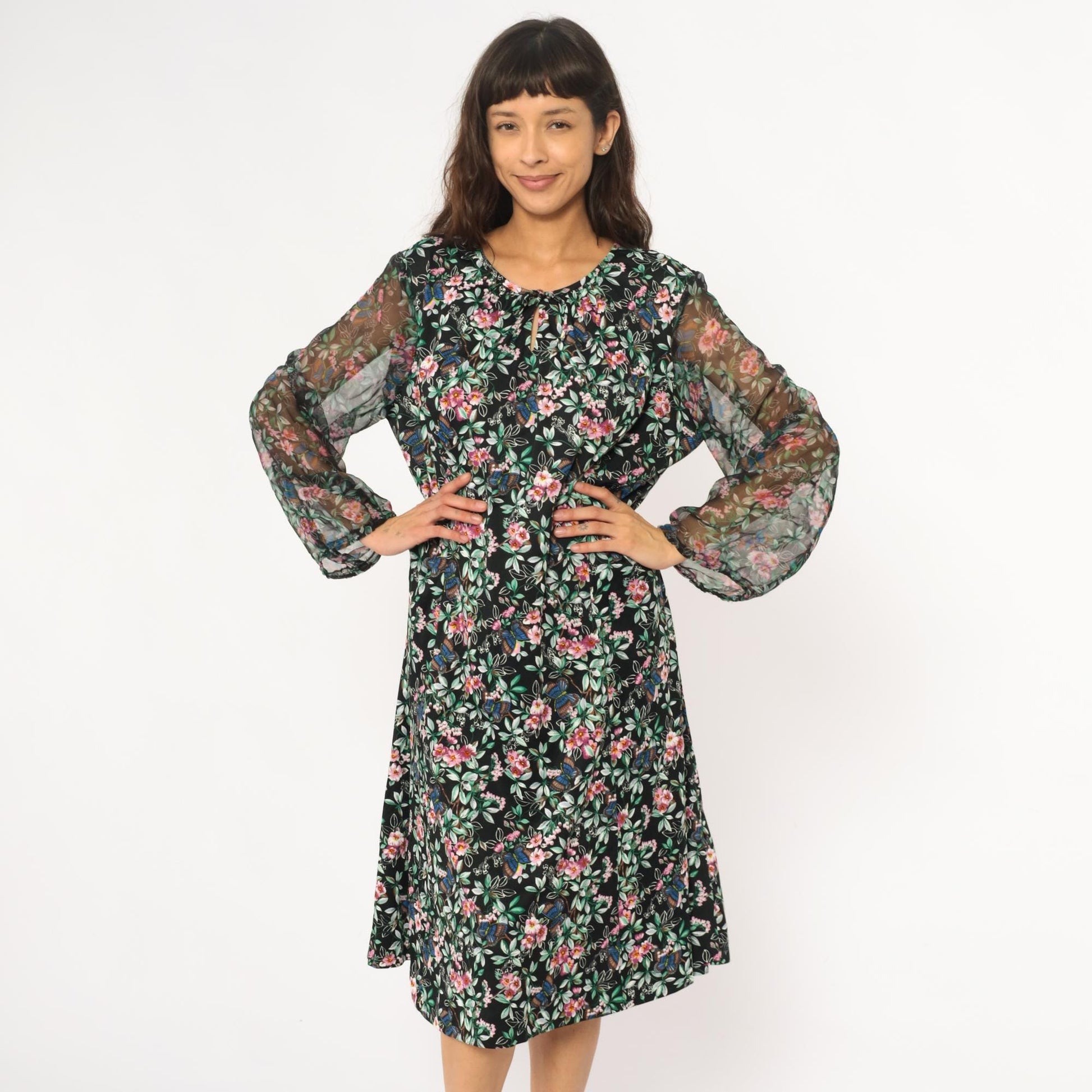 70s Black Floral Midi Dress Butterfly Print V-Neck Long Sleeve Extra Large