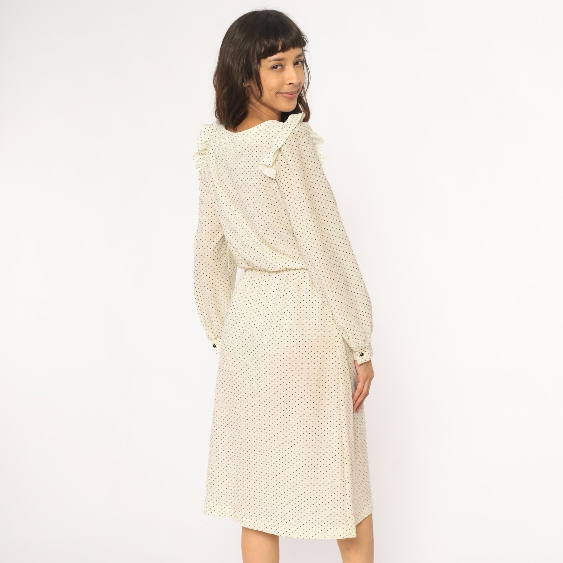 80s Ivory Polka Dot Midi Dress Ruffled Collar Long Sleeve Medium M