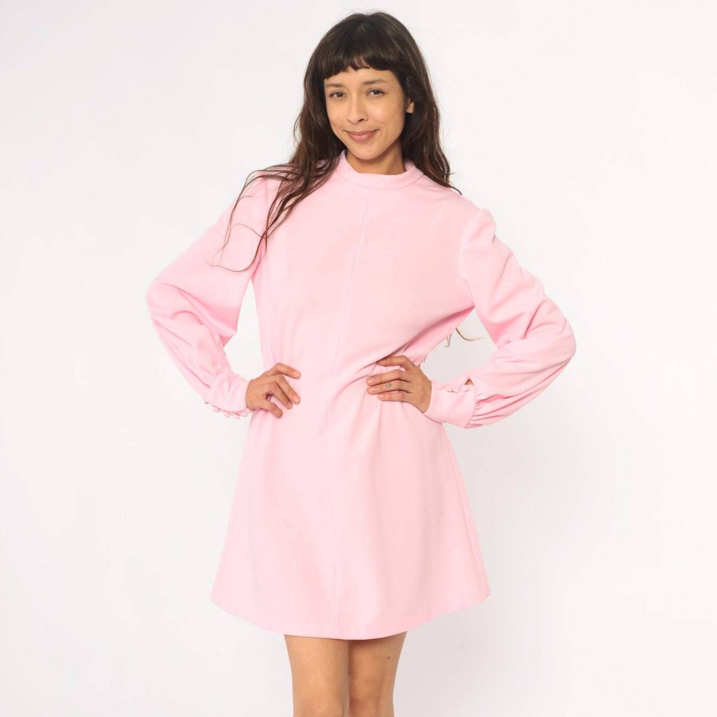 70s Pink Mini Dress Mock Neck Long Sleeve Shift A-Line Puff Sleeve Large L