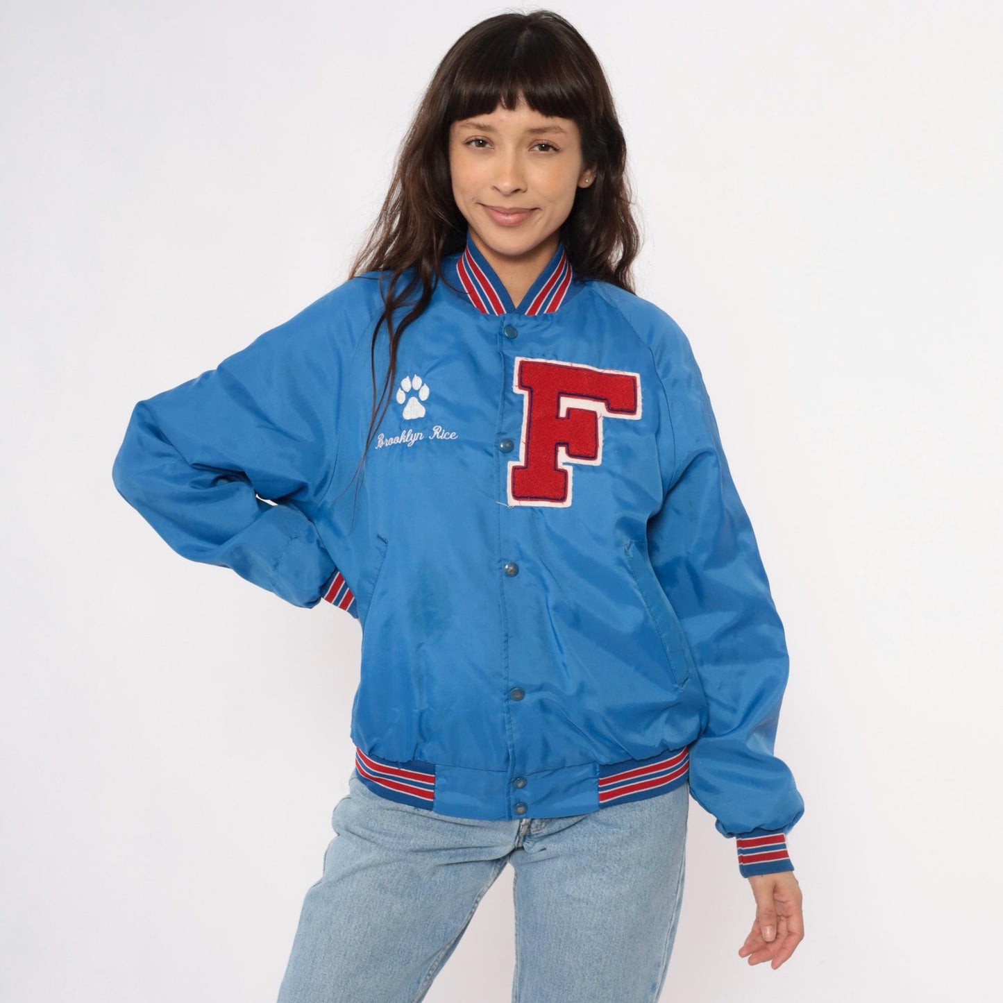 90s Franklin Varsity Jacket Blue Nylon Bomber Snap Front Small S