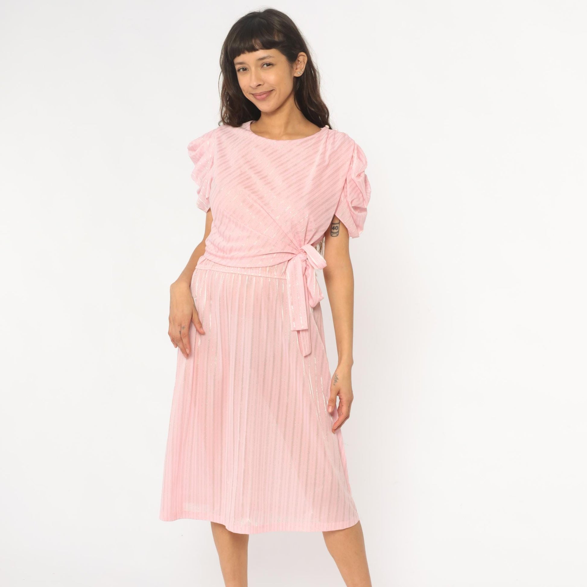 80s Pink Diagonal Stripe Midi Dress Puff Sleeve Tie Waist Small