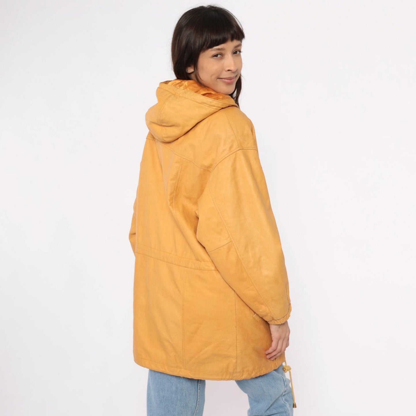 90s Wilsons Leather Hooded Jacket Mustard Yellow Zip Parka Medium M