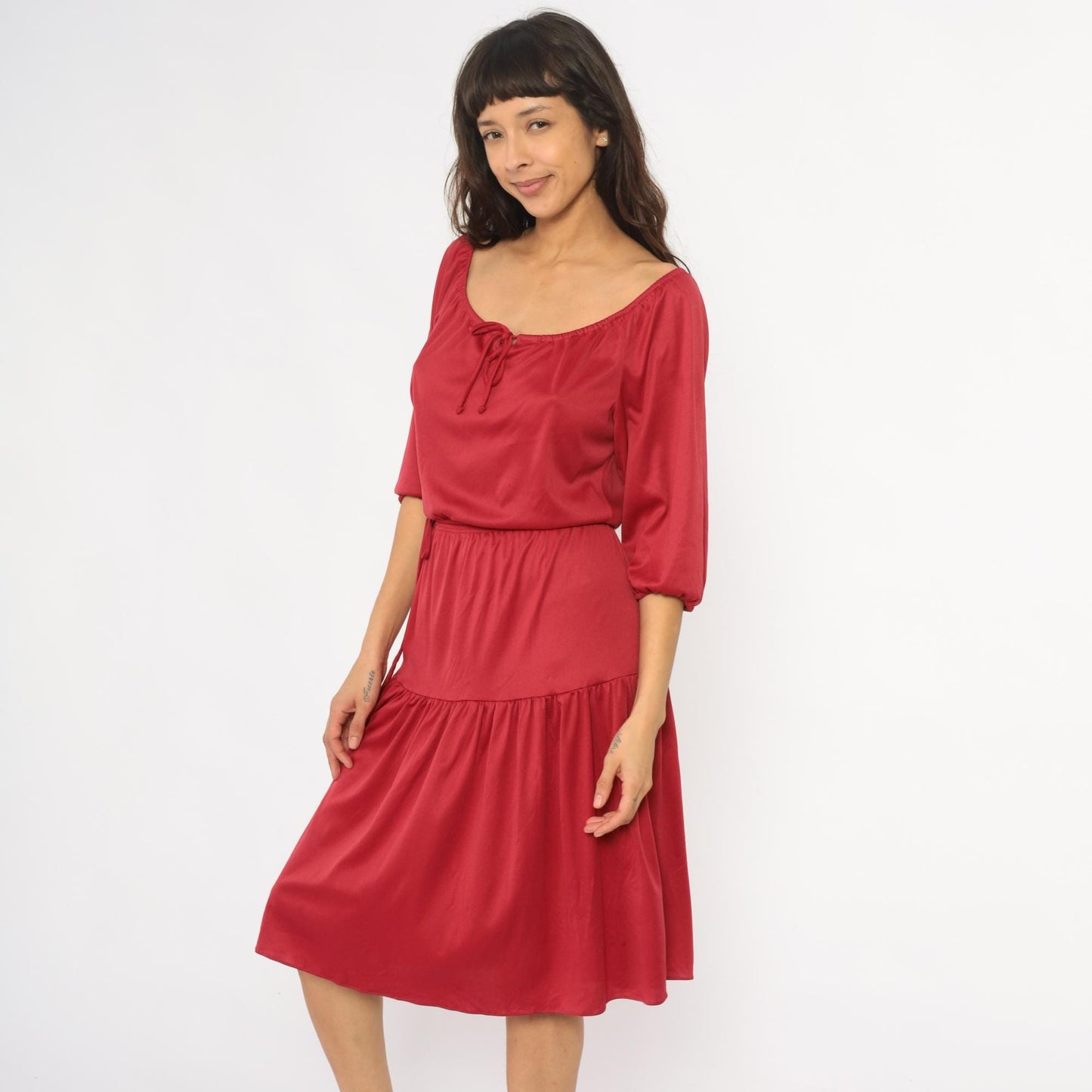 70s Cranberry Red Midi Dress Prairie Peasant Tiered Ruffle Drawstring Small Medium