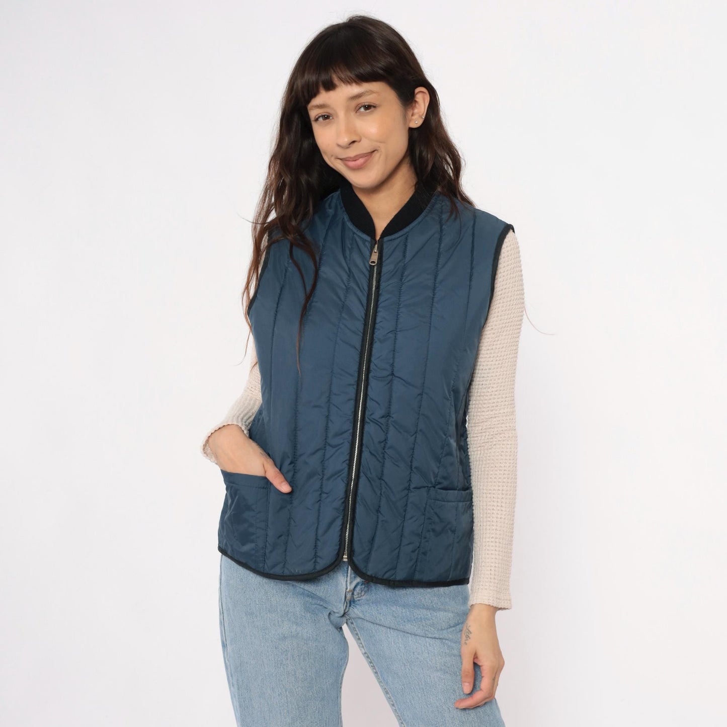 80s Sears Navy Quilted Vest Zip Front Puffer Sleeveless Medium
