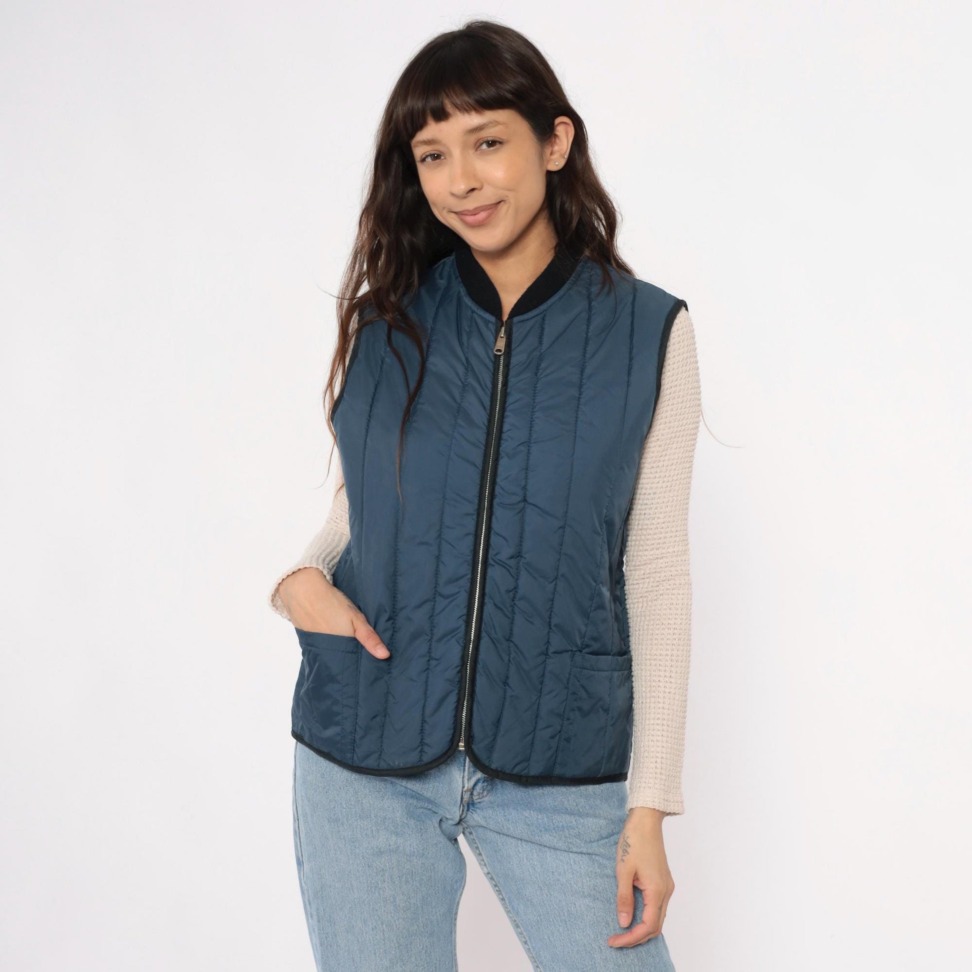 80s Sears Navy Quilted Vest Zip Front Puffer Sleeveless Medium