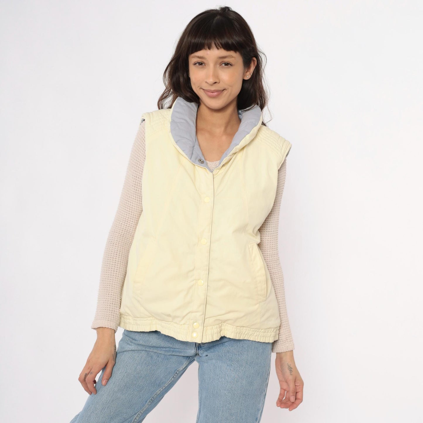 80s Reversible Quilted Vest Yellow Grey Puffer Sleeveless Medium