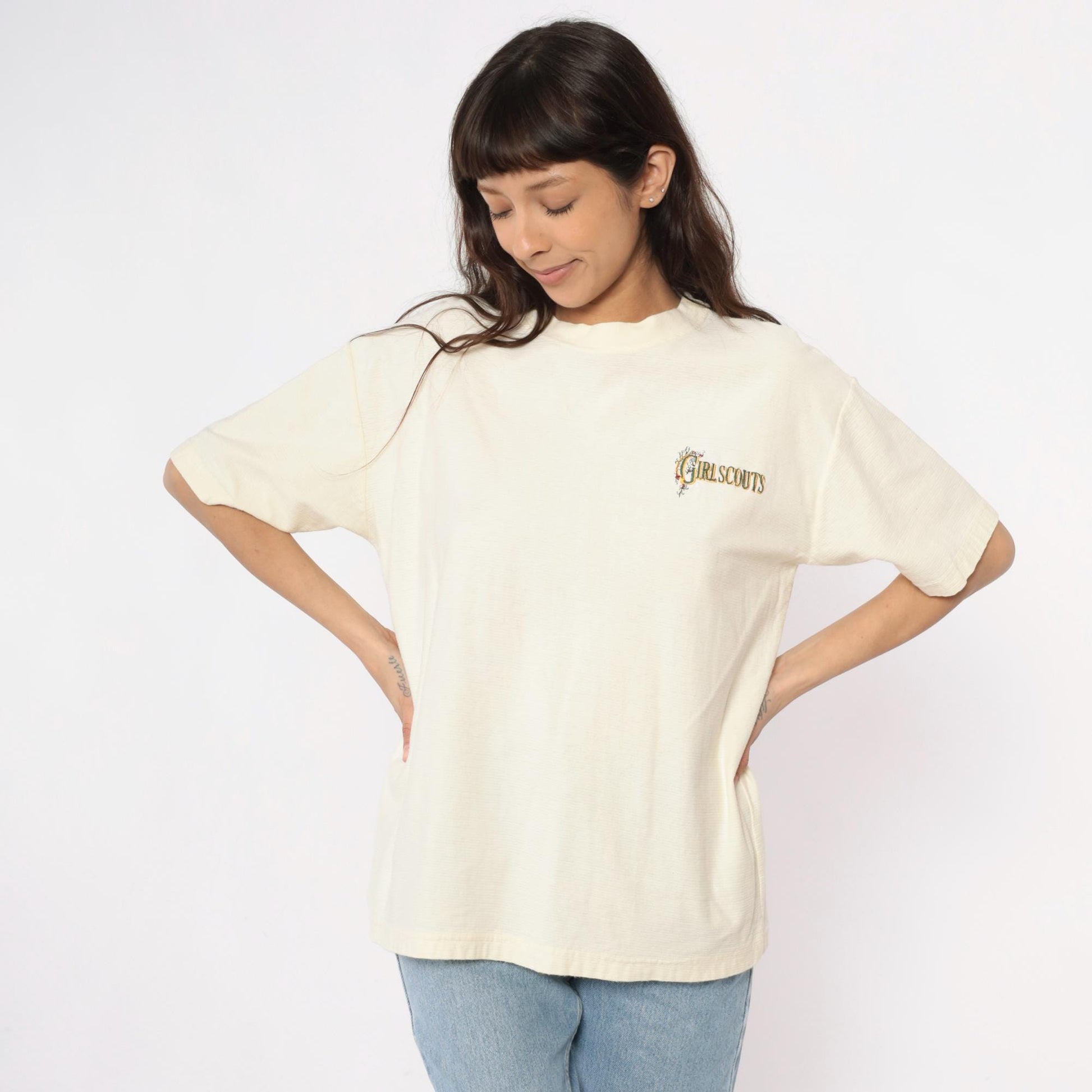 90s Girl Scouts Embroidered Logo Cotton Tee Cream Large L