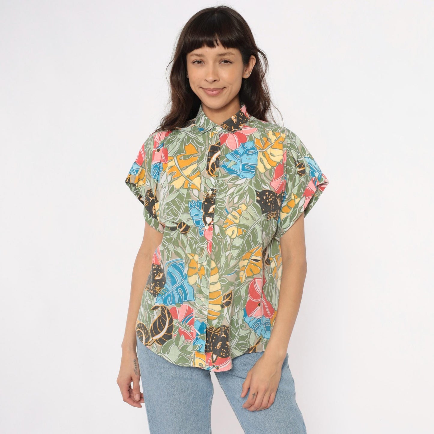 90s Black Panther Tropical Print Button-Up Shirt Monstera Leaf Multicolor Large L