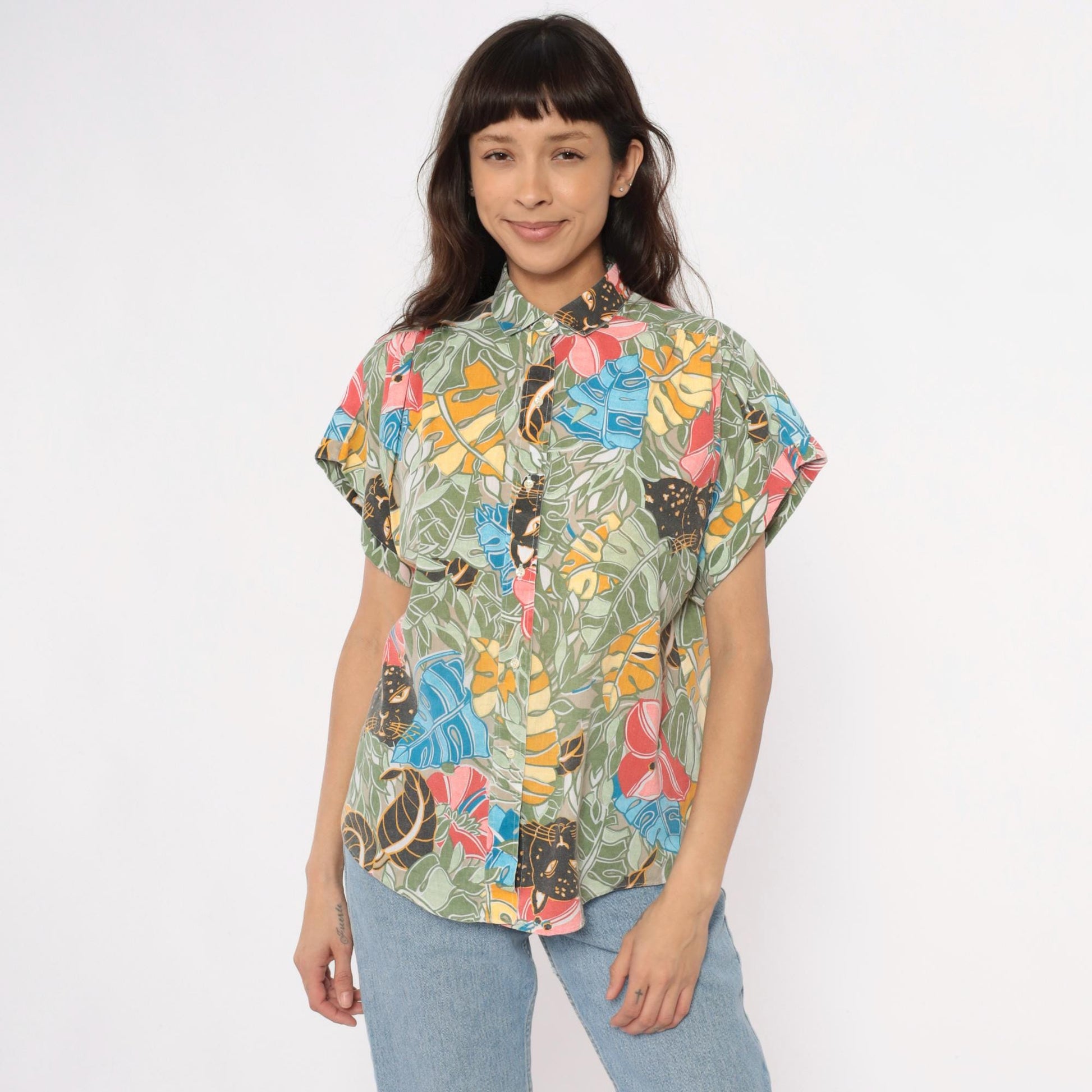 90s Black Panther Tropical Print Button-Up Shirt Monstera Leaf Multicolor Large L
