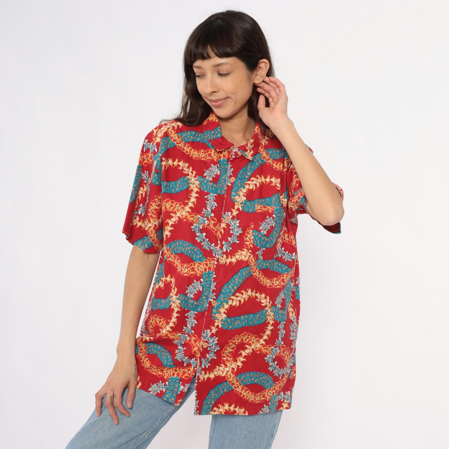 90s Hawaiian Shirt Red Lei Print Camp Collar Cotton Mens Extra Large XL