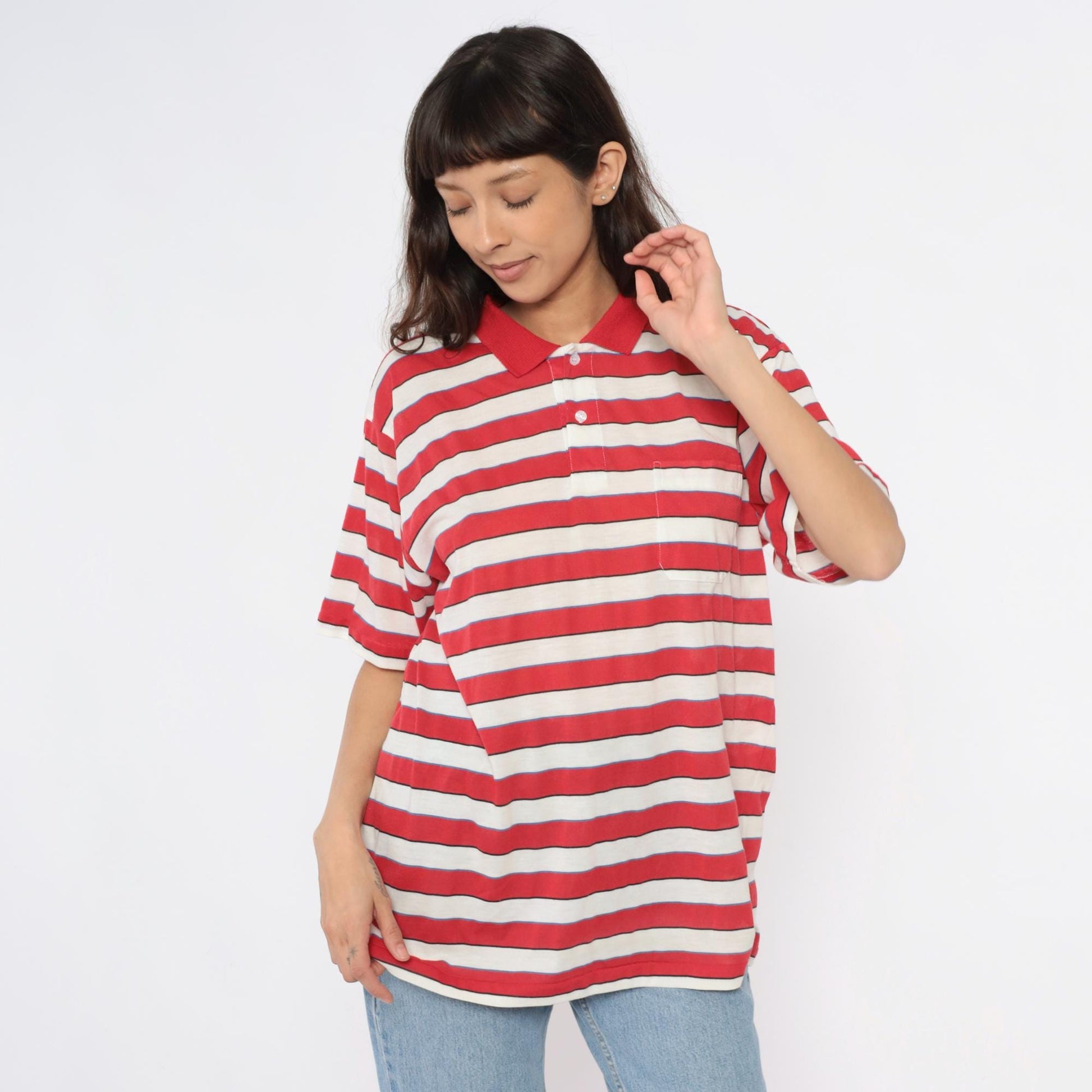 80s Striped Polo Shirt Red Cream Blue Horizontal Stripes Short Sleeve Extra Large XL