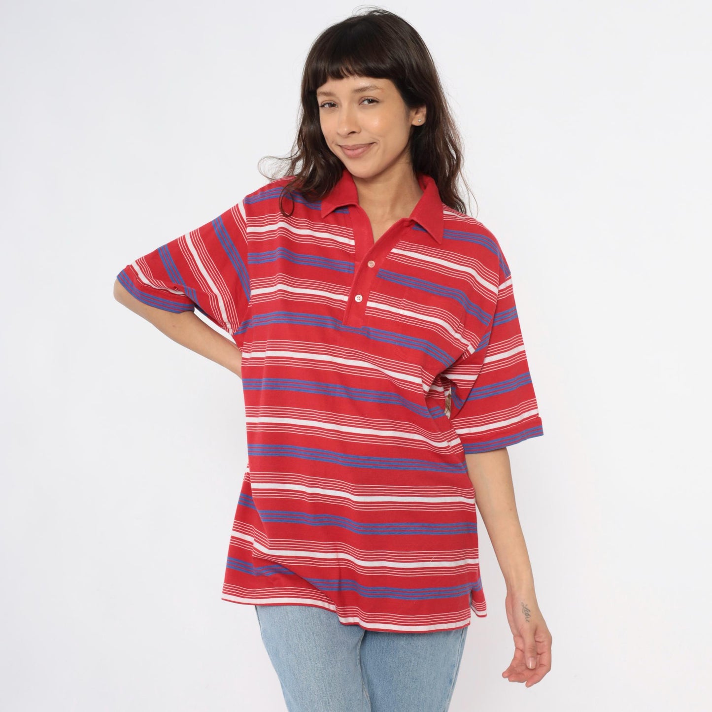 80s Red Striped Polo Shirt White Blue Horizontal Stripes Collared Extra Large XL