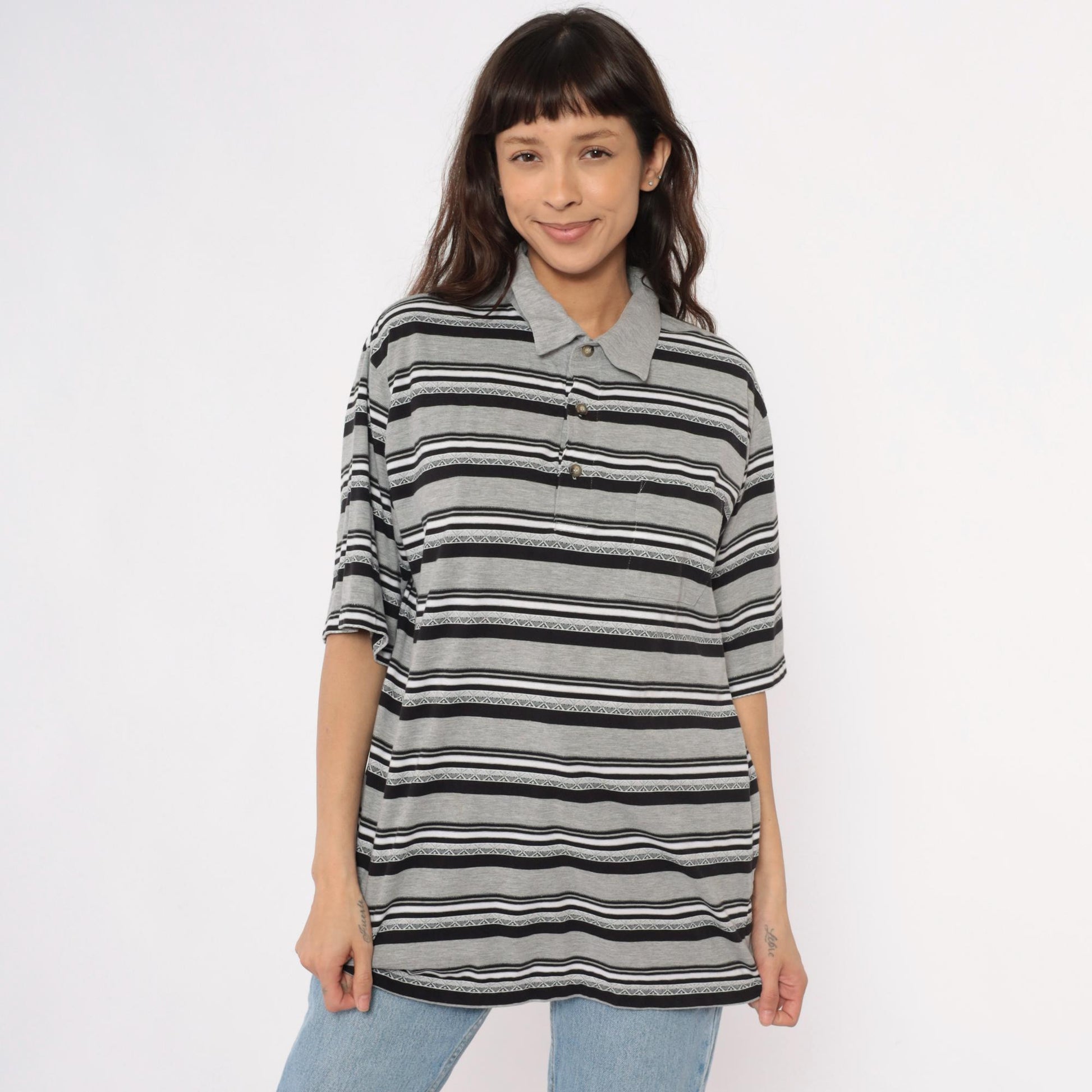 90s Classic by Palmland Striped Polo Shirt Grey Black White Extra Large XL