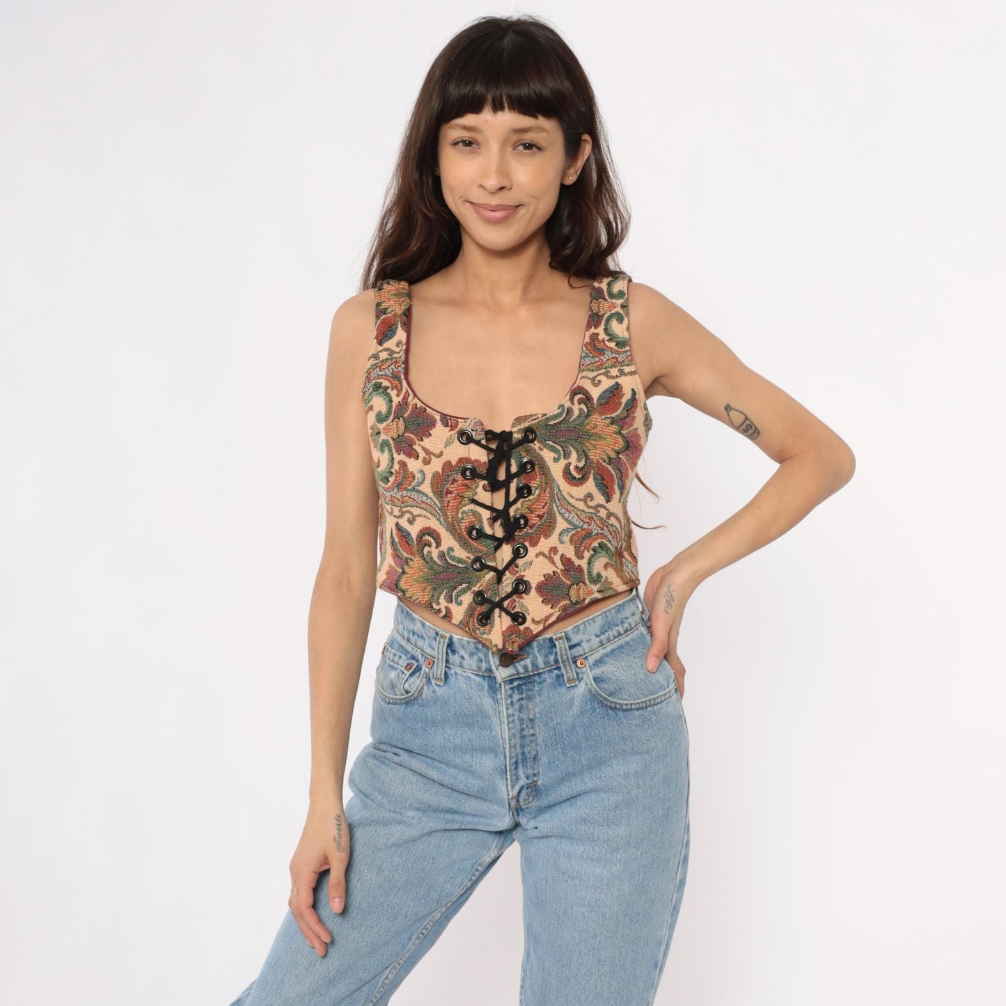 90s B Coole Designs Tapestry Lace-Up Vest Paisley Green Beige Small