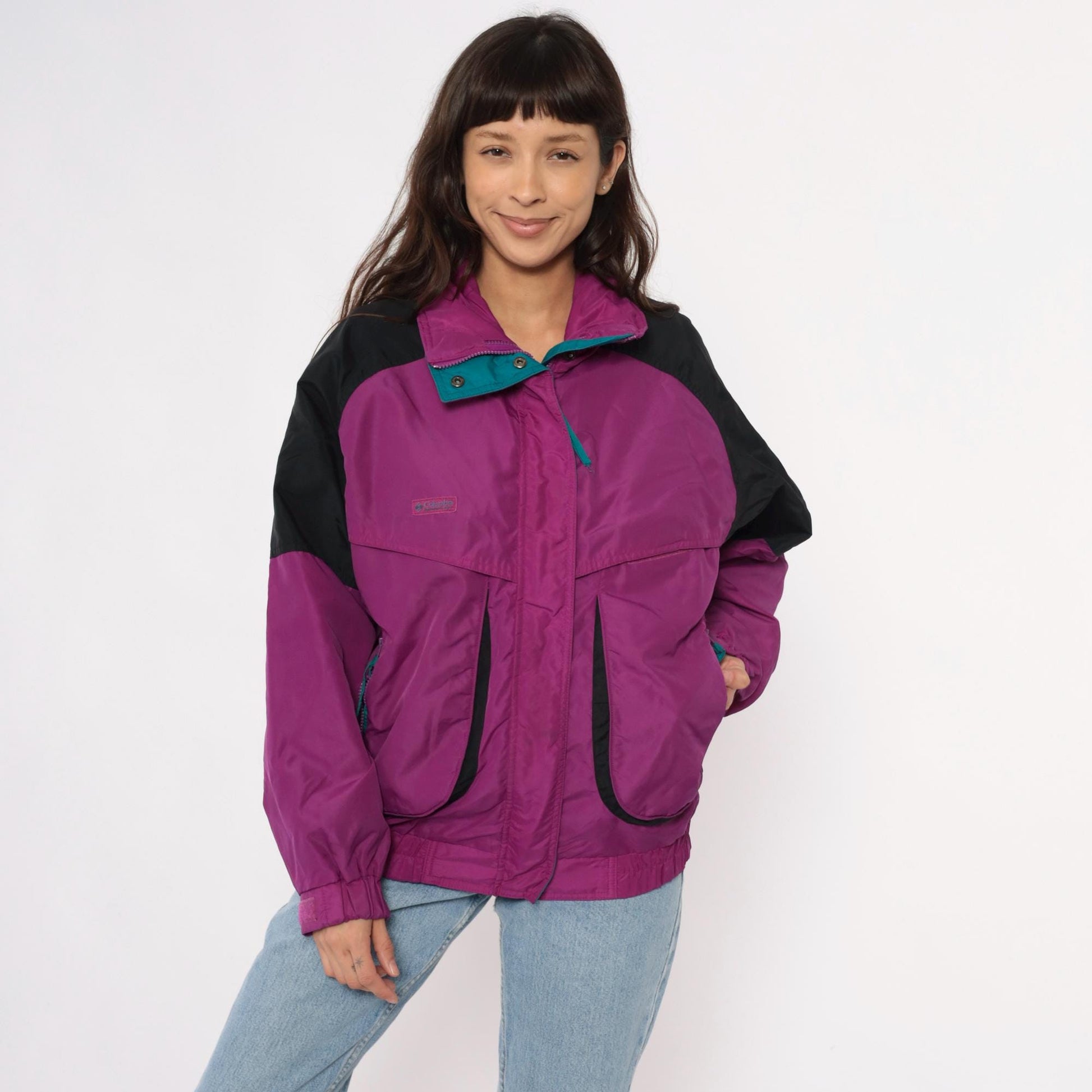 90s Columbia Magenta Windbreaker Colorblock Jacket Teal Trim Large L