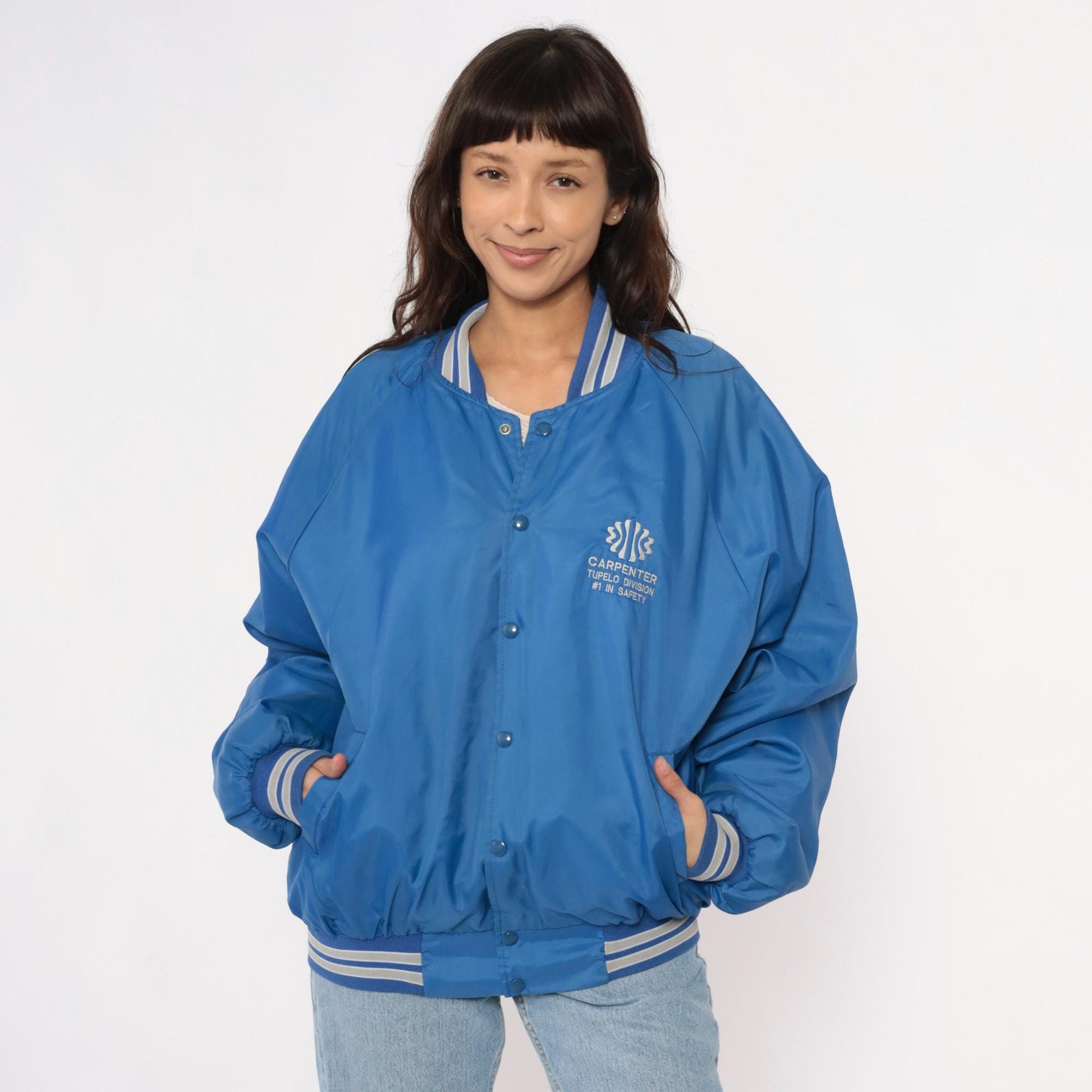 80s Blue Bomber Jacket Carpenter Tupelo Division Snap Button Raglan Medium