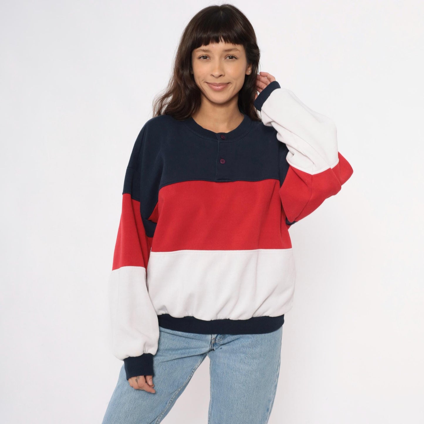 80s Color Block Sweatshirt Navy Red White Striped Henley Button Neck Medium