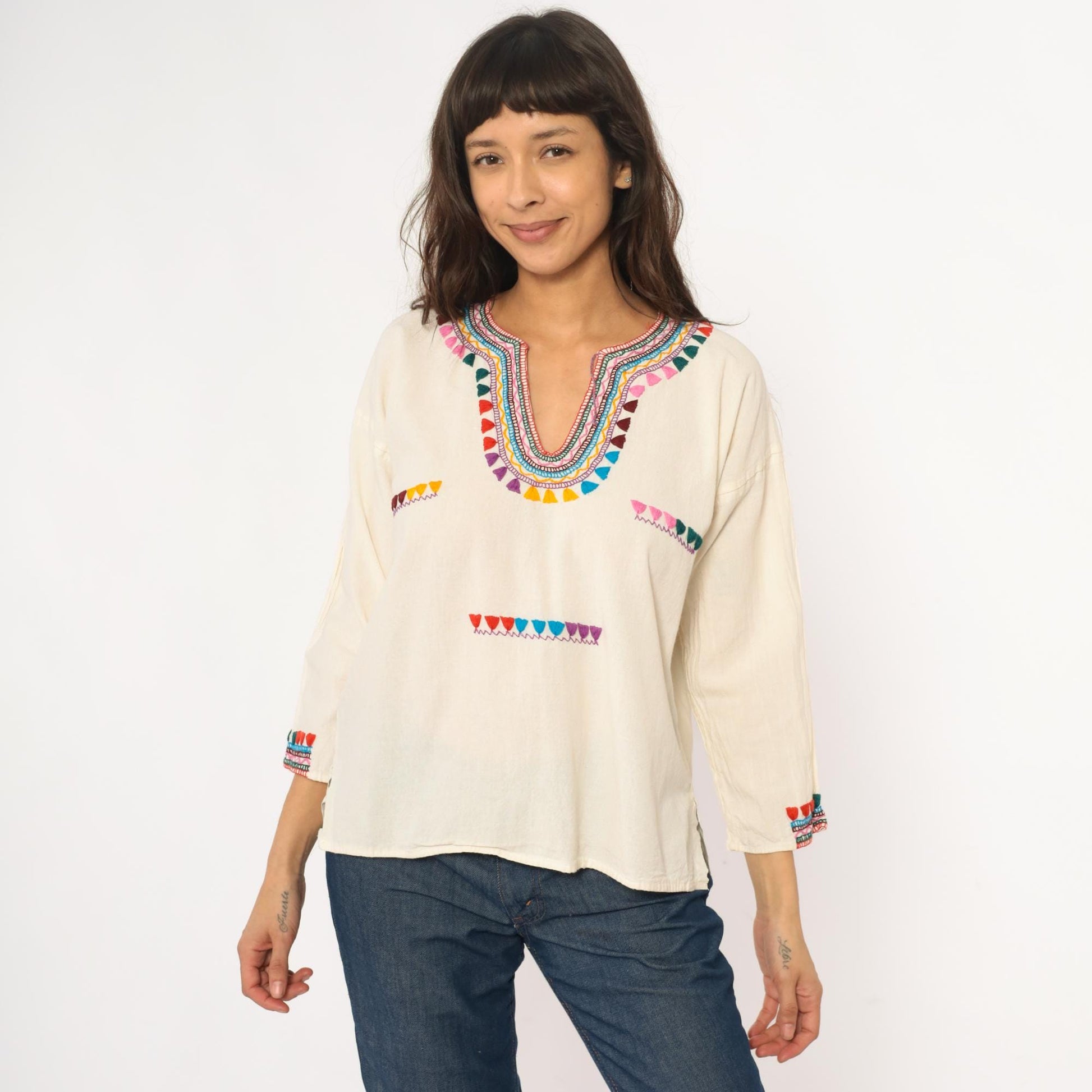 70s Embroidered Mexican Cotton Tunic Blouse Cream Multicolor Medium M