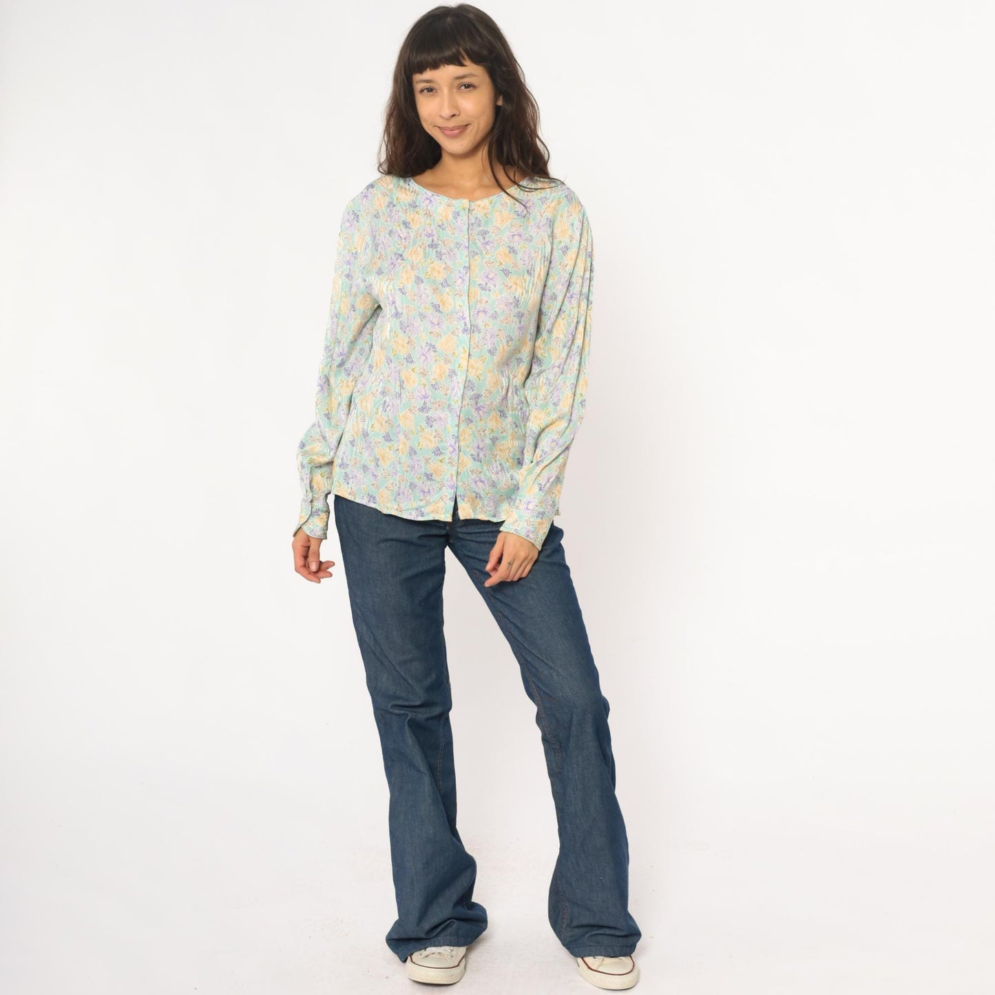 80s Evan Picone Silk Floral Blouse Mint Green Puff Sleeve Large L