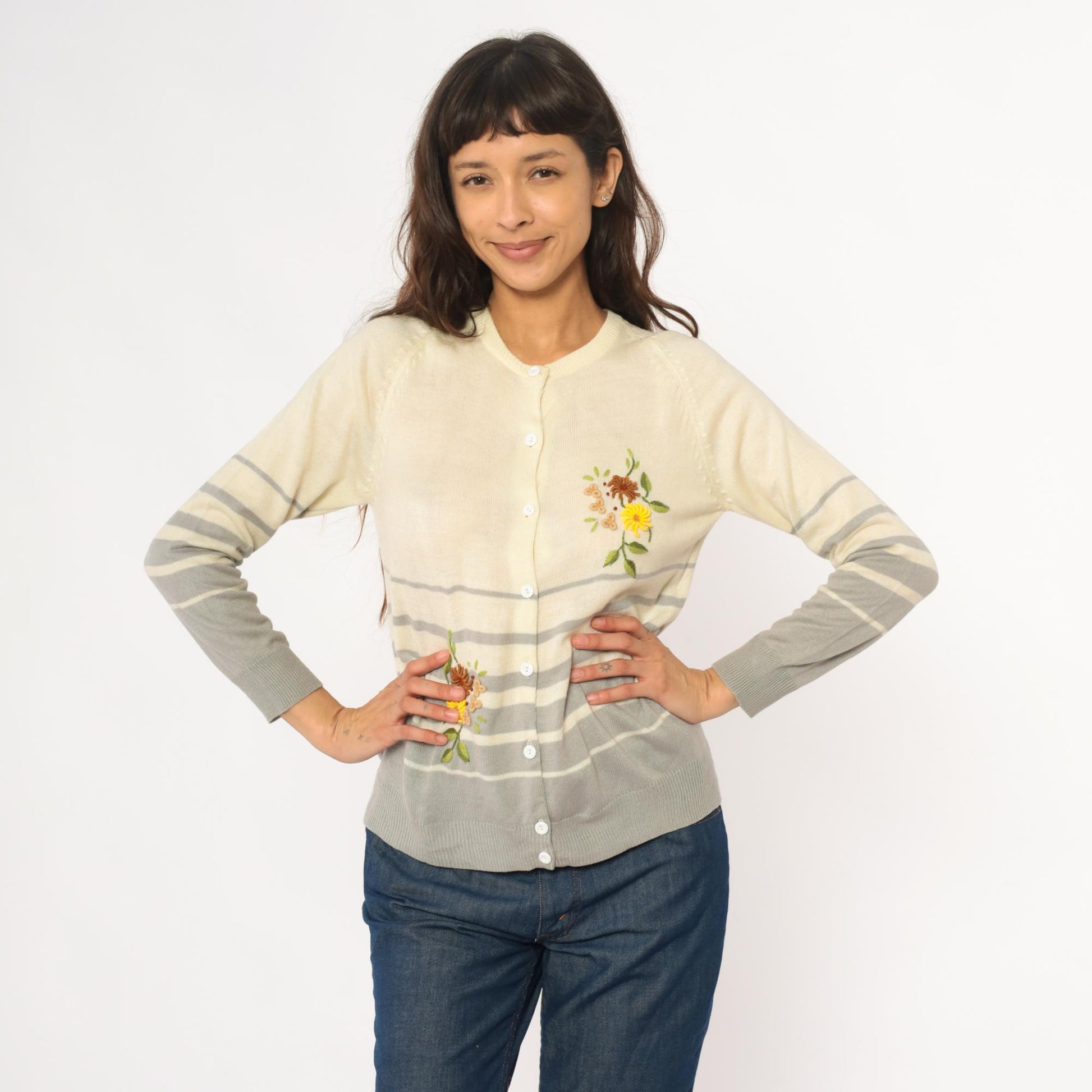 90s Jo-in Floral Embroidered Cardigan Cream Striped Knit Extra Small XS