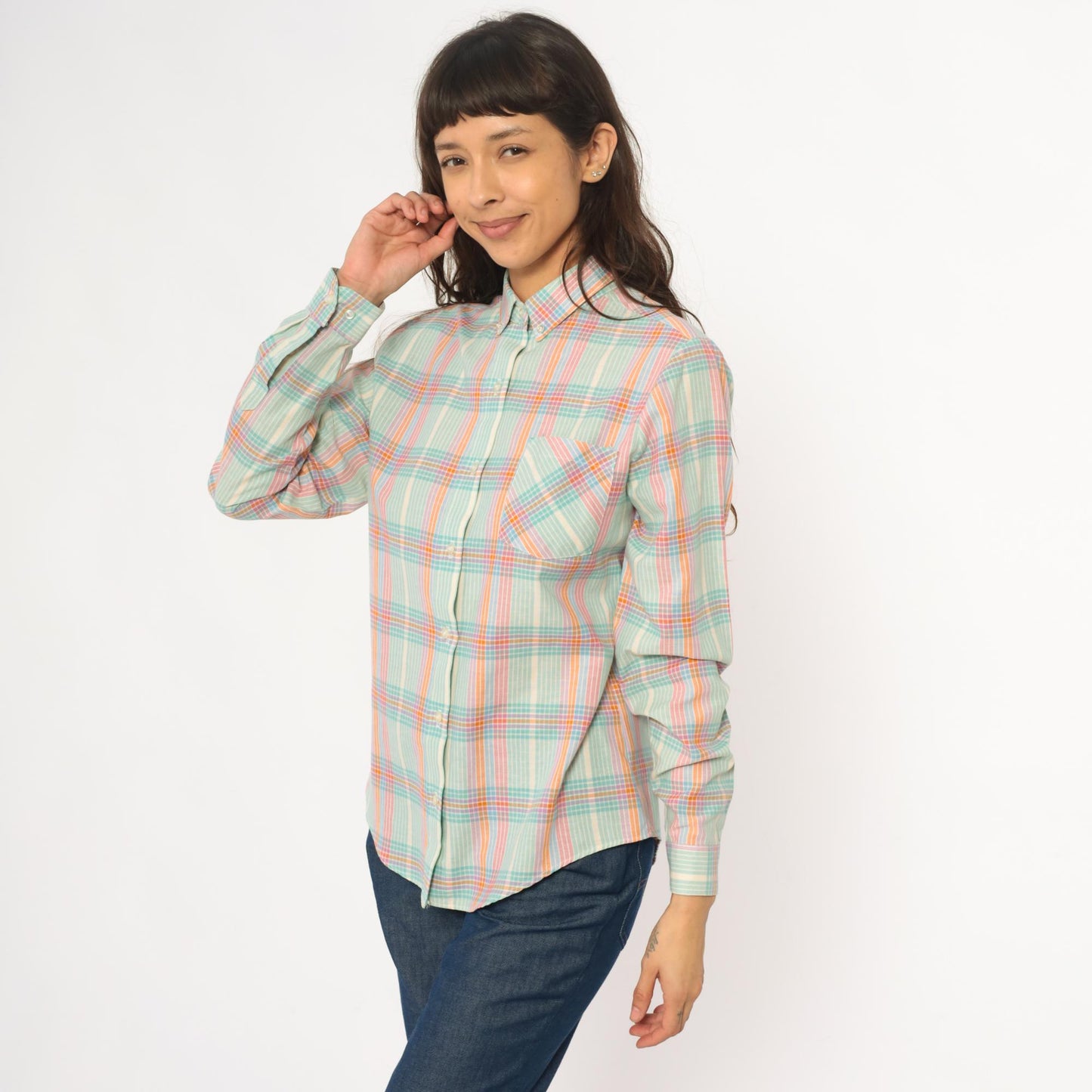 90s Pastel Plaid Button-Down Shirt Long Sleeve Collared Medium M