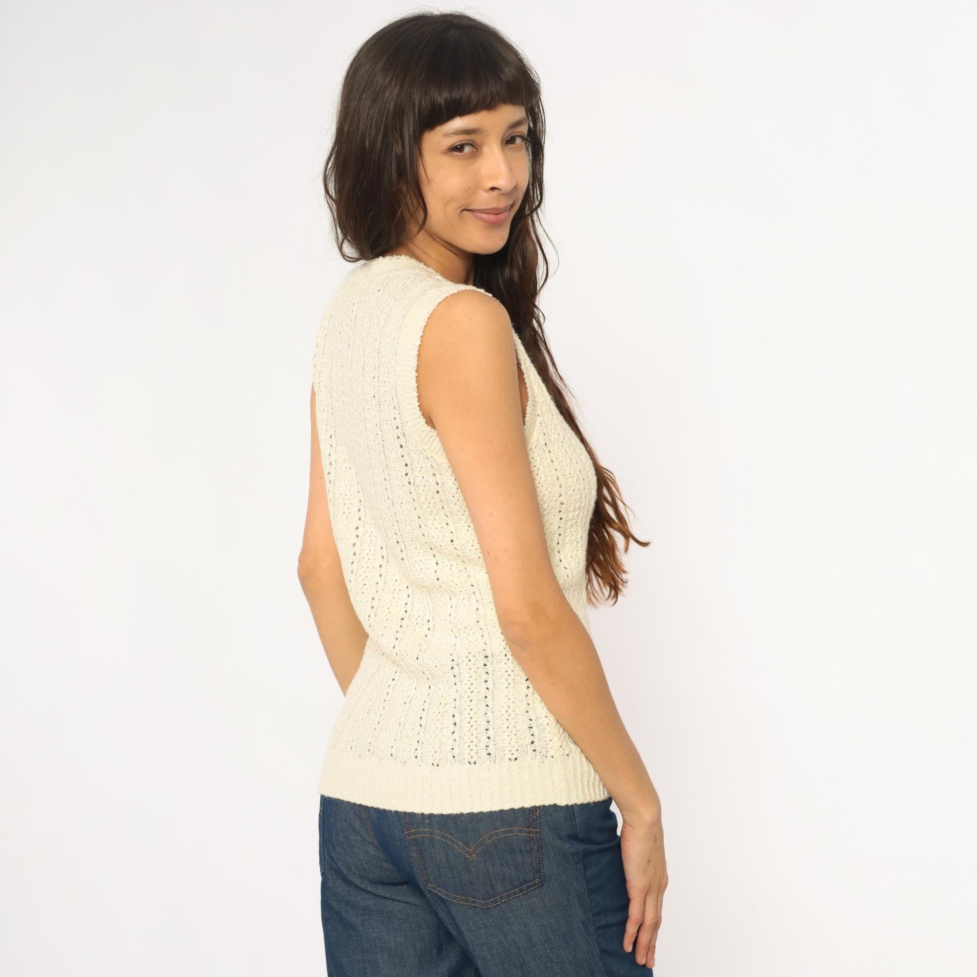 70s Cream Crochet Vest Pointelle Knit Sleeveless Cardigan Small S