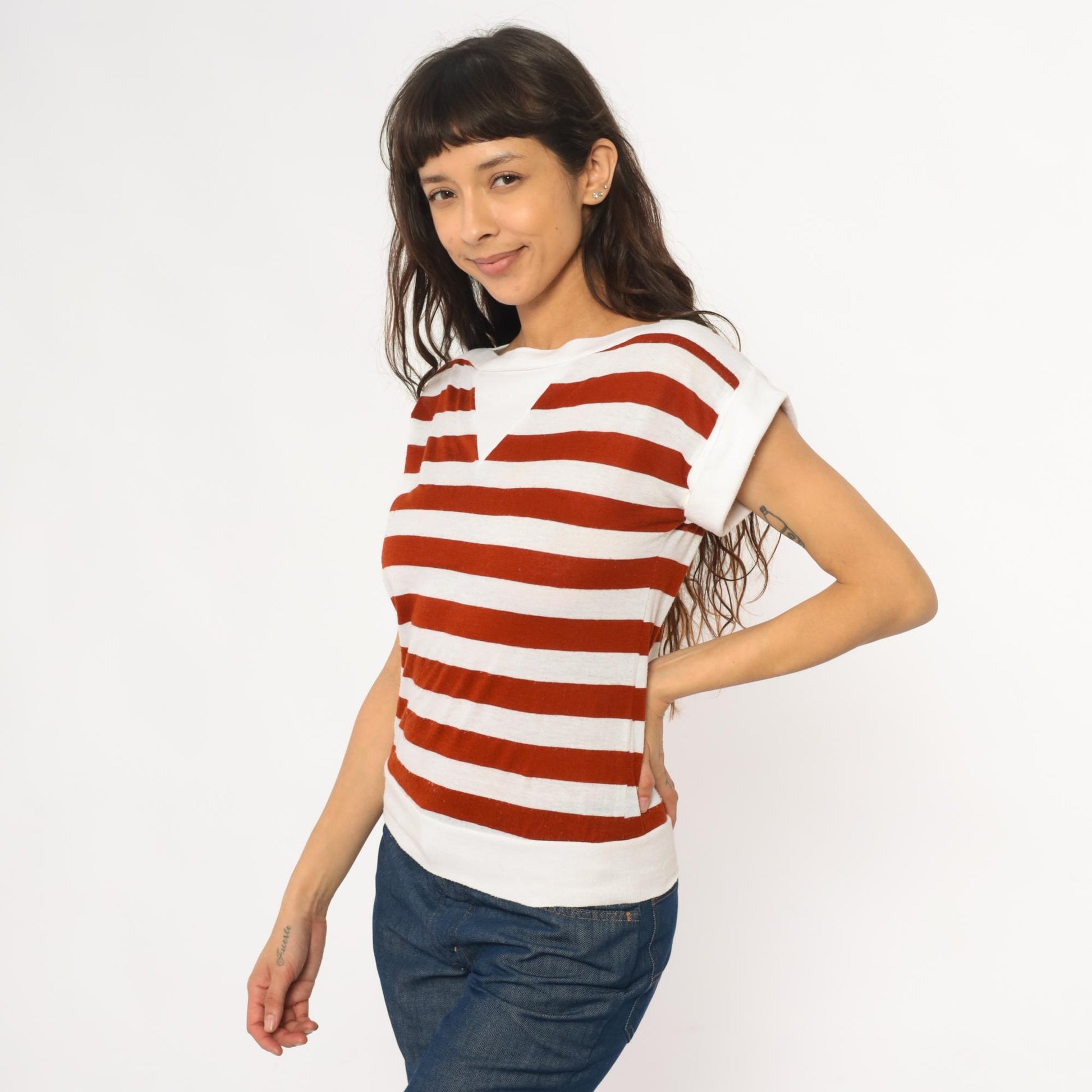 80s Rust & White Striped Boat Neck Tee Cotton Short Sleeve Small