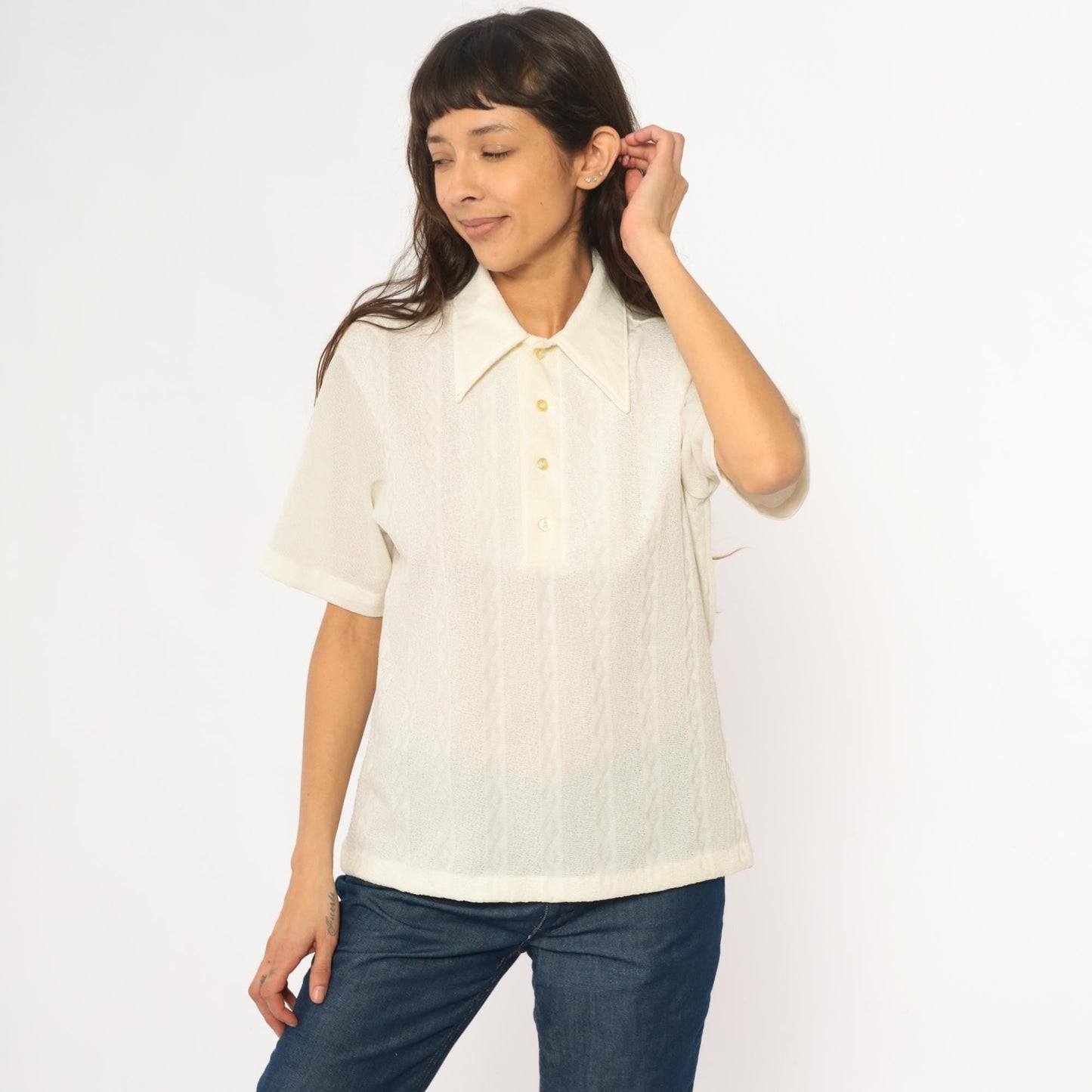 70s JC Penney Towncraft Cream Polo Blouse Pointed Collar Ribbed Large