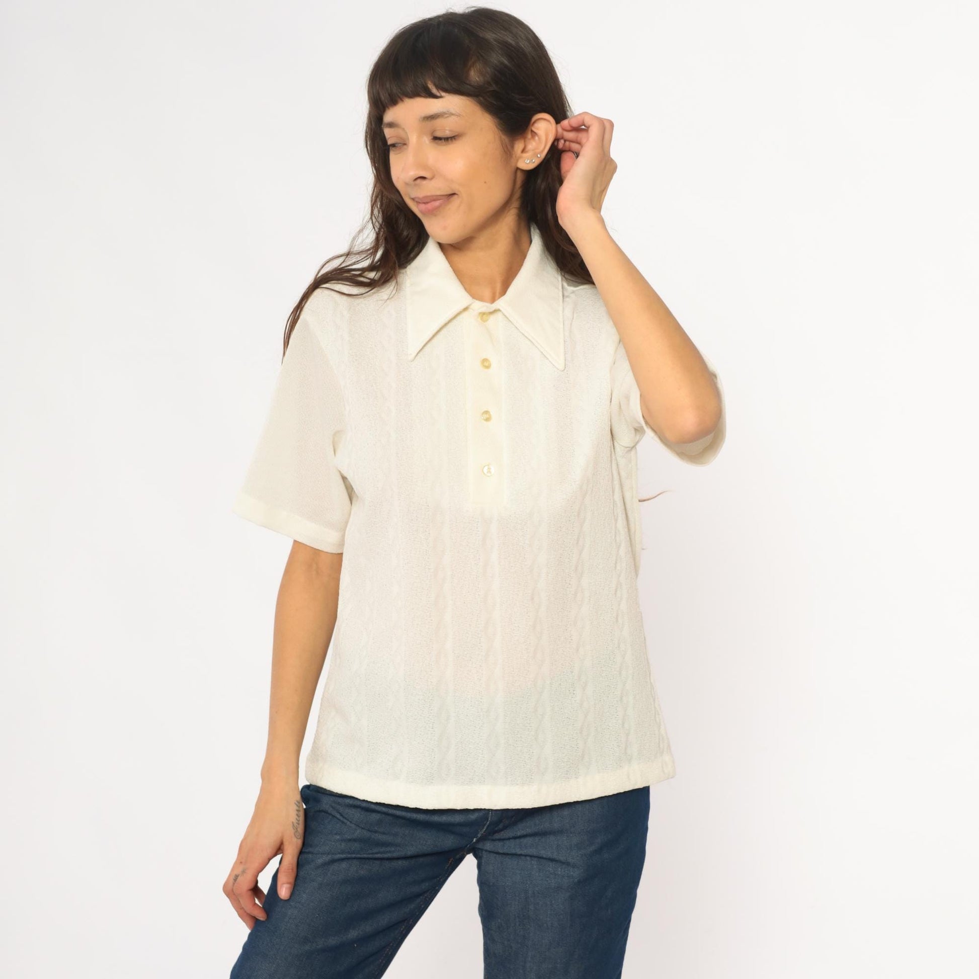 70s JC Penney Towncraft Cream Polo Blouse Pointed Collar Ribbed Large