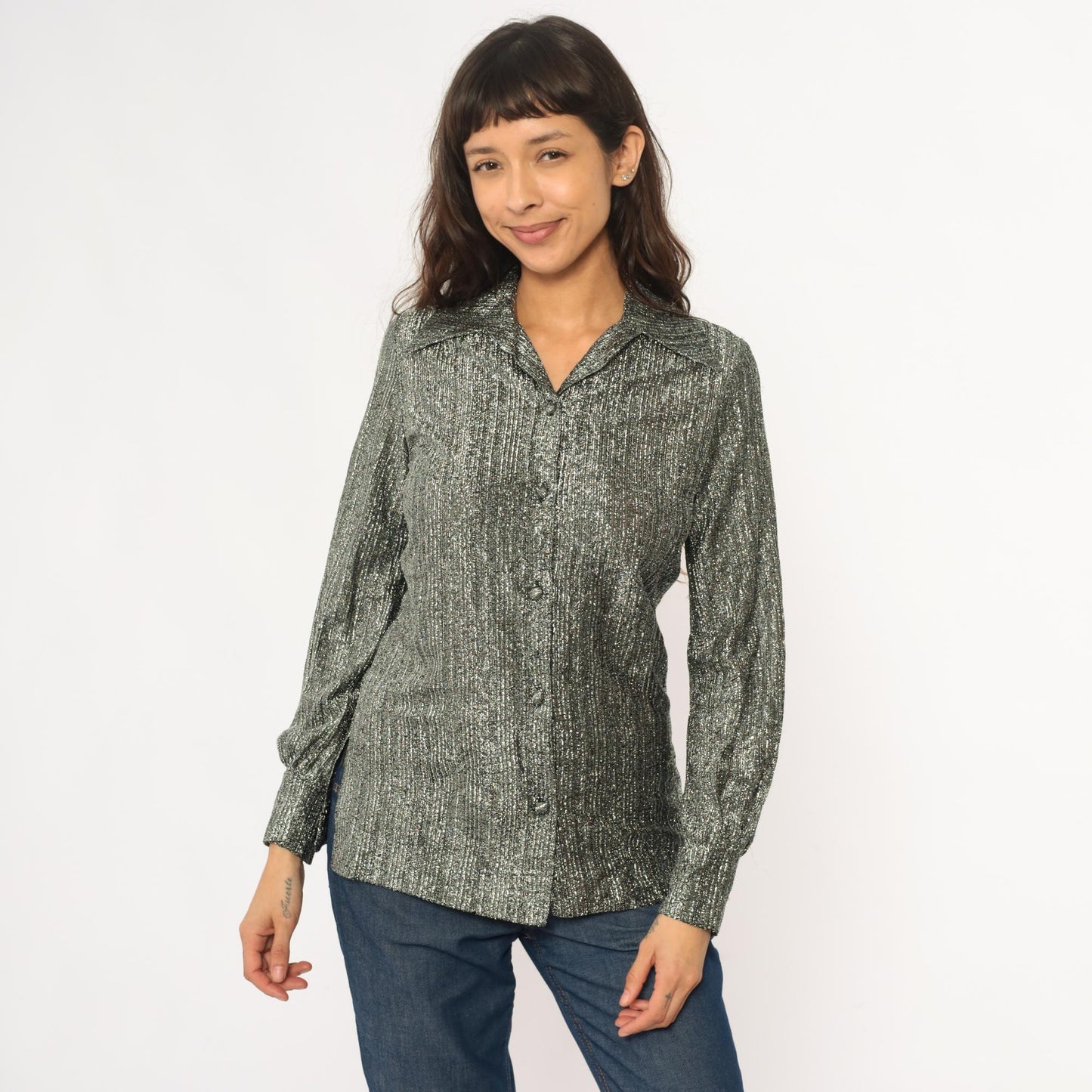 80s Ruth Walter Metallic Silver Blouse Pointed Collar Long Sleeve Small
