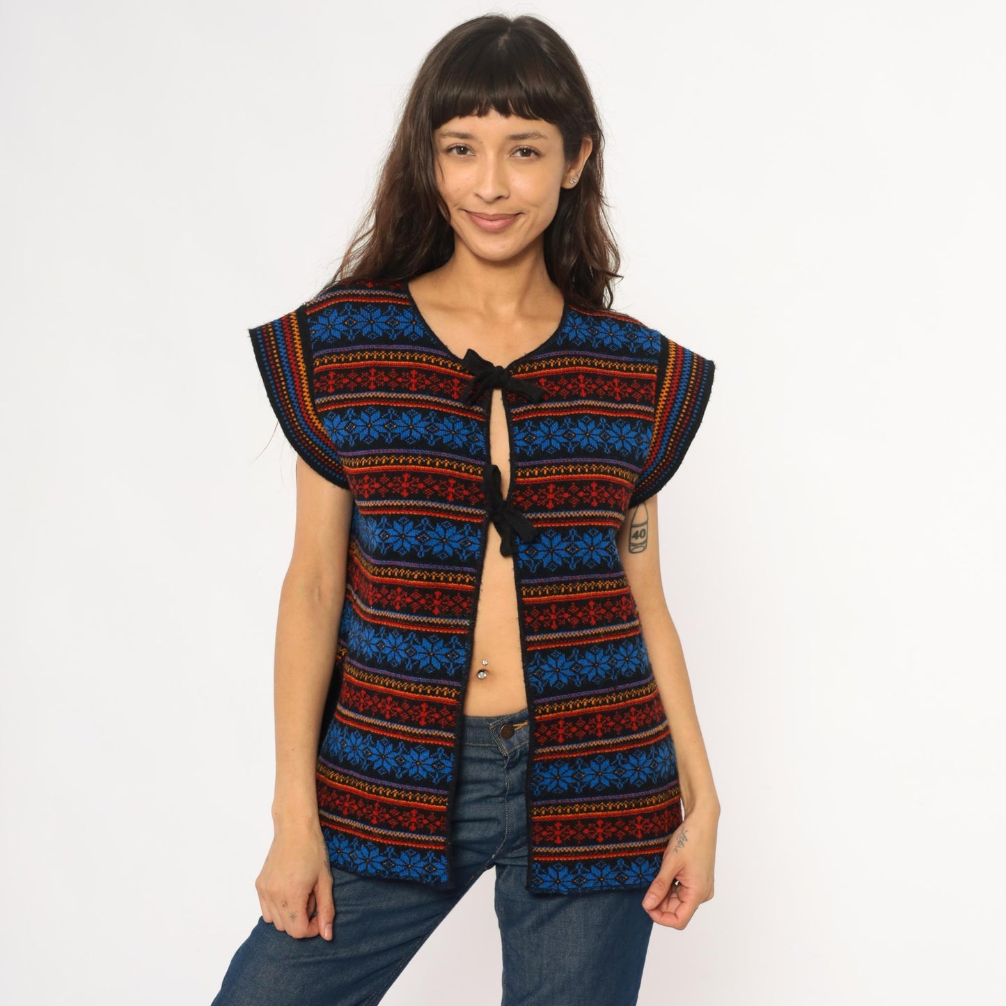 70s Southwestern Fair Isle Vest Tie Front Snowflake Knit Small