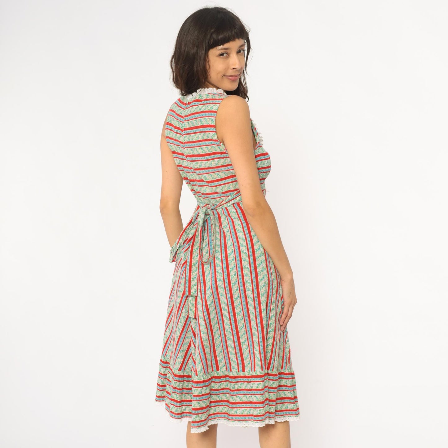 70s JC Penney Striped Chevron Prairie Dress Empire Waist Mint Small