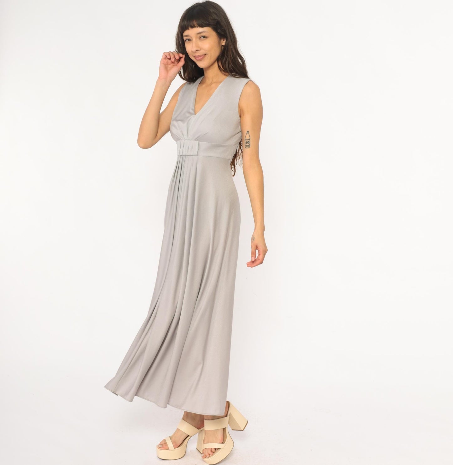 70s Silver Maxi Dress V-Neck Empire Waist Sleeveless Evening Gown Small