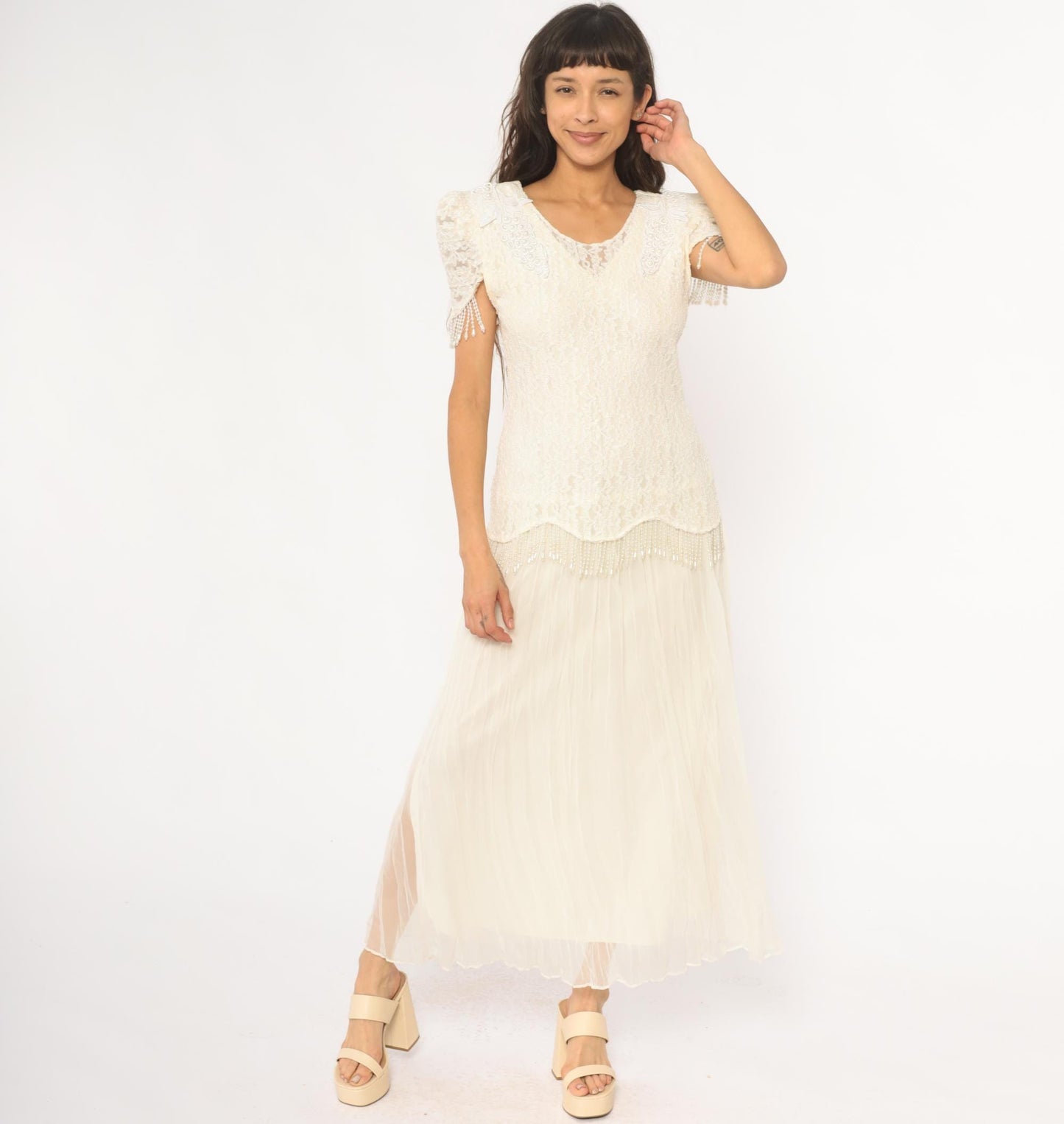 80s Cream Lace Puff Sleeve Dress Beaded Grape Detail Maxi Large L