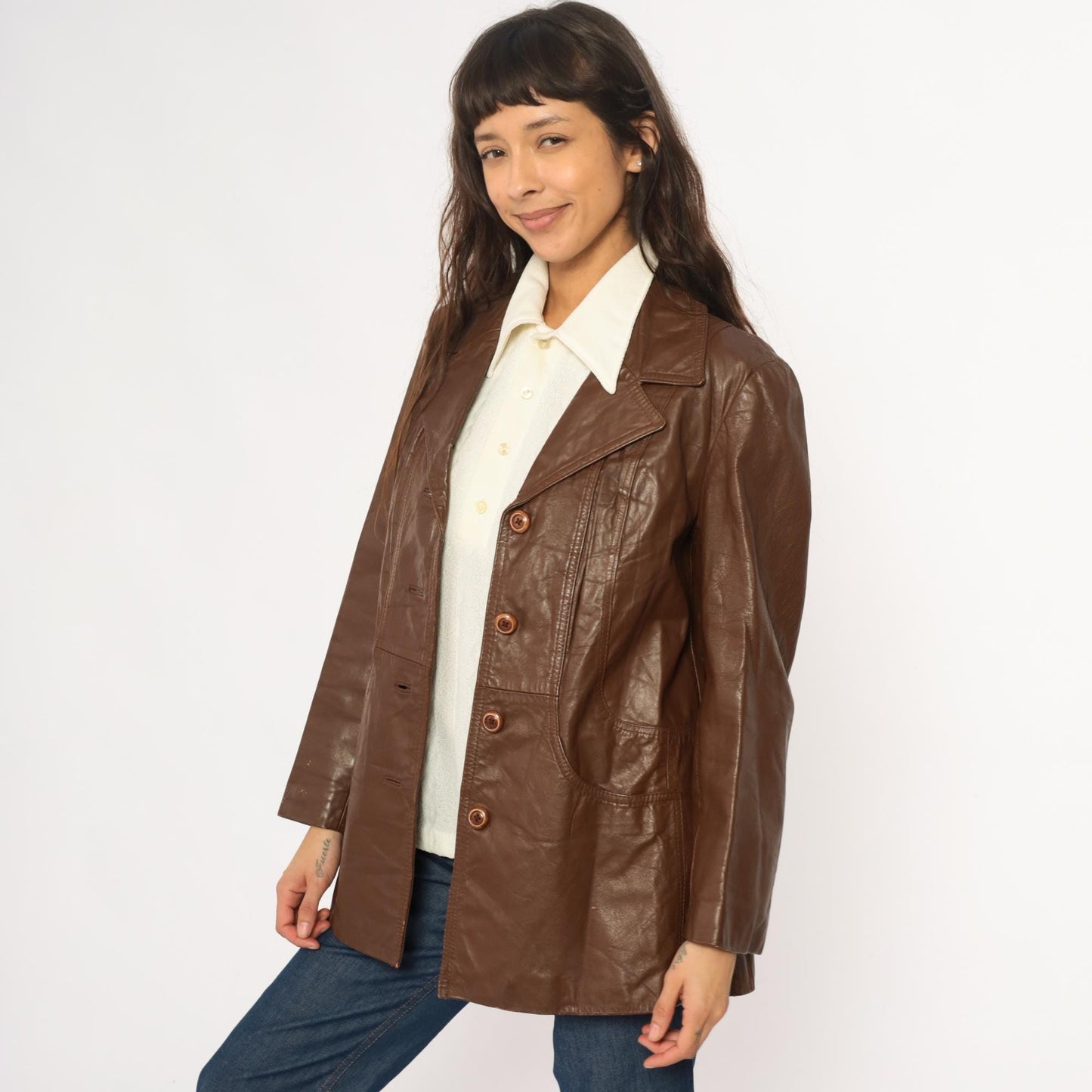 70s Brown Leather Jacket Notched Collar Braided Belt Detail Medium