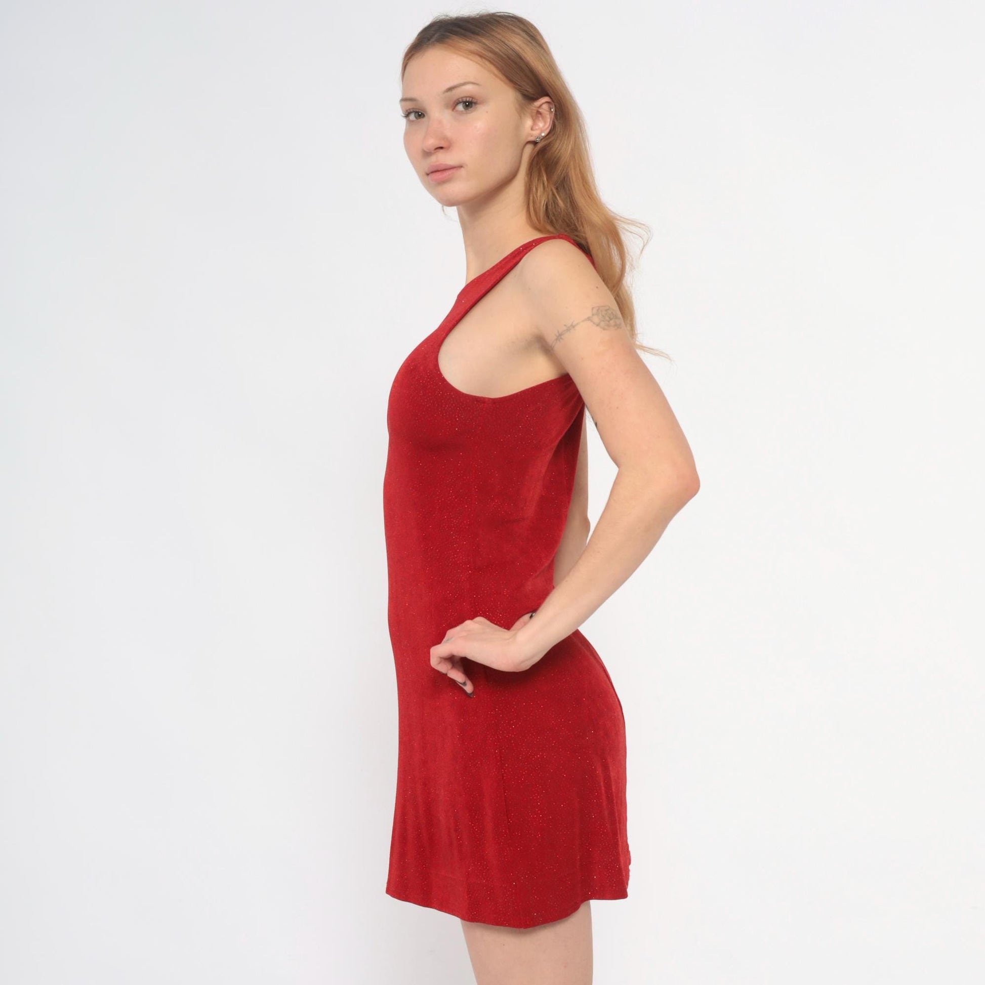 90s Red Sparkle Mini Dress Sleeveless Keyhole Back Small S